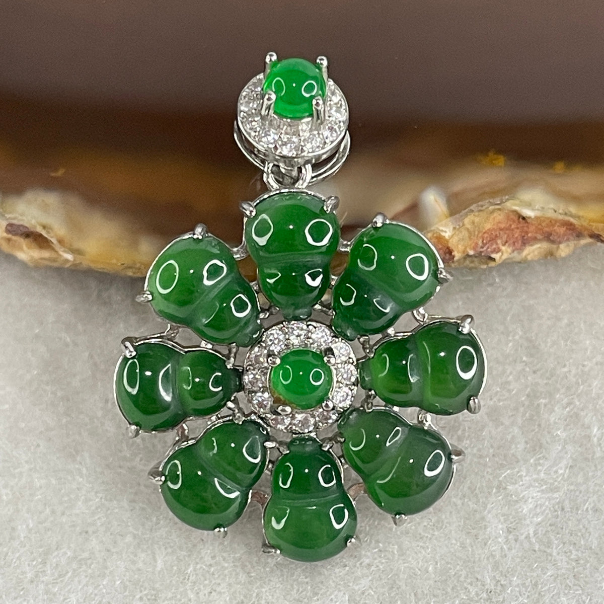 Natural Type A Omphacite Spicy Green Jadeite Hulu Flower Pendant in S925 Silver | (4.87g | 8.0 x 6.2 x 1.5mm x 8 Pcs | Bloom of Fortune & Longevity Anchor, Feng Shui Prosperity & Health Pendant) - Huangs Jadeite and Jewelry Pte Ltd