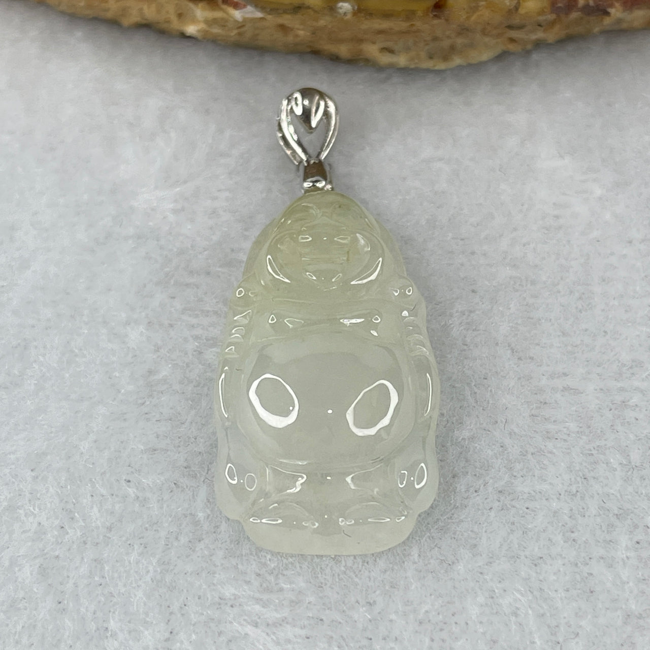 Natural Type A Icy Colorless Jadeite Laughing Milo Buddha Pendant | Vivid Imperial Yellowish Fortune Spot | Custom S925 Sterling Silver Clasp (4.41g | 28.7x15.5x5.4mm)