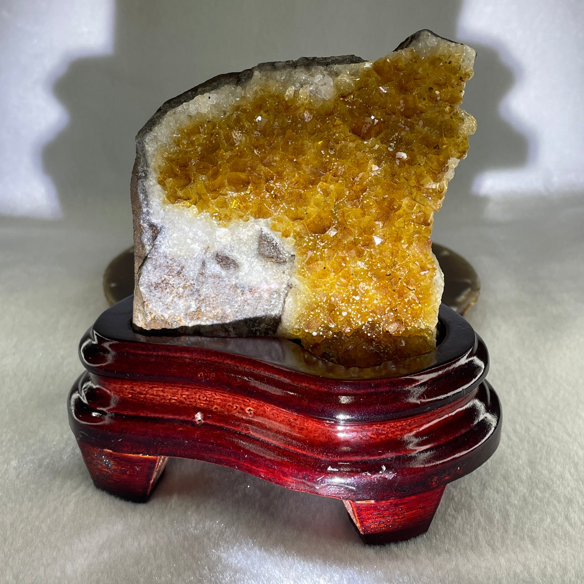 Natural Citrine Quartz Irregular Shape Display in Wooden Stand 647.0g 126.5 by 93.0 by 131.0mm - Huangs Jadeite and Jewelry Pte Ltd