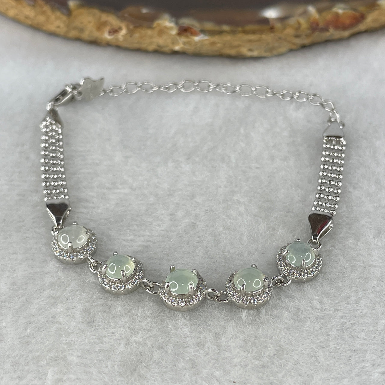 Natural Type A Icy Light Blueish Green Jadeite Multi-Cabochon Bracelet | S925 Sterling Silver Adjustable 13-16cm Glacial Ocean Fine Jewelry Layering Chain (5.41g, 4.9x1.5mm 5 Pieces)