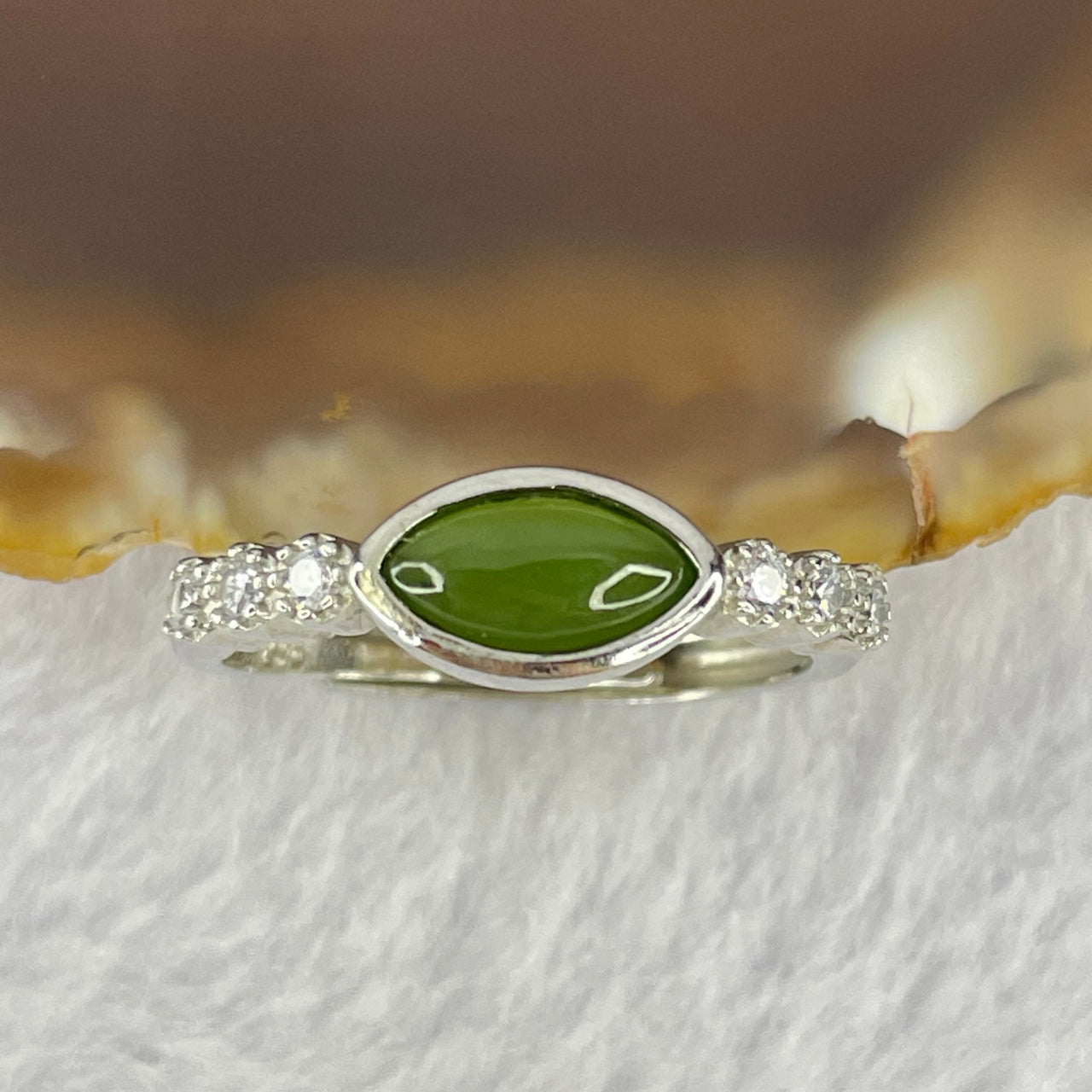 Natural Green Nephrite with Crystals In S925 Sliver Ring (Adjustable Size) 1.66g 8.2 by 4.0 by 2.2mm - Huangs Jadeite and Jewelry Pte Ltd