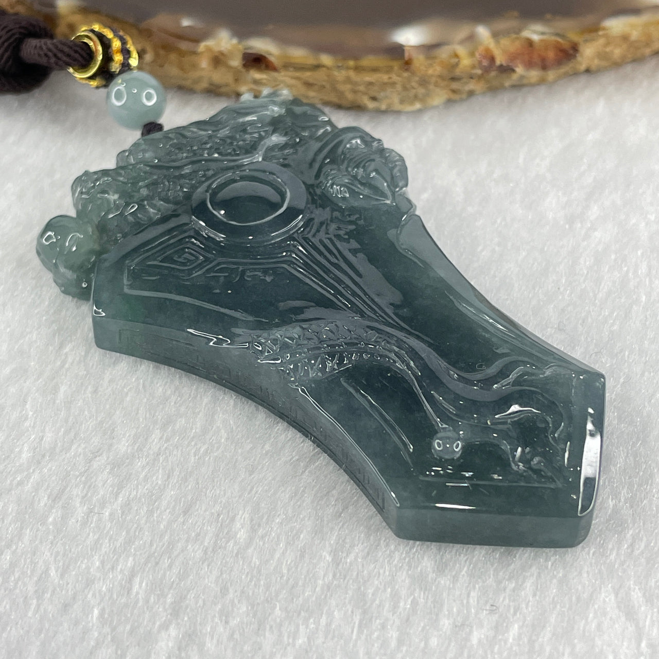 Grand Master Type A Semi Icy Blueish Green Jadeite Dragon on Axe Pendant 46.02g 65.2 by 39.0 by 10.4mm