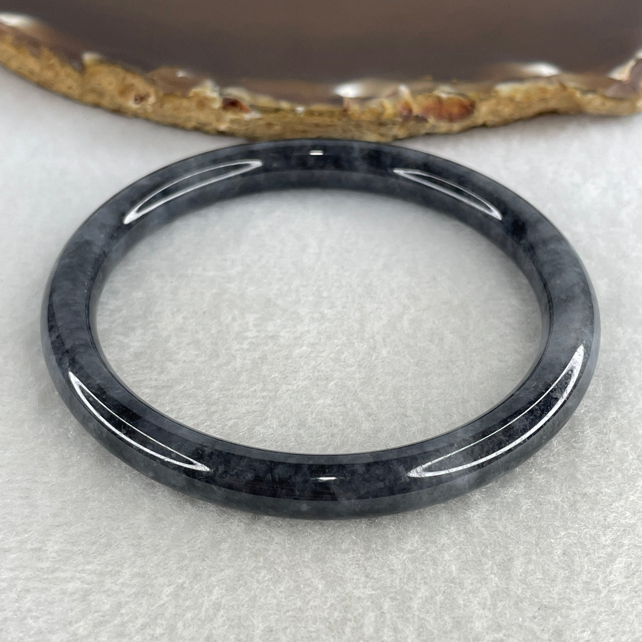 Natural Type A Partial Translucent Jadeite Bangle | 58.8mm Ink-Wash "Wuji" Black & Charcoal Grey | Sleek Thin Round Cross-Section Wrist Heirloom 31.05g 7.6x7.6mm (Very Slight Internal Lines)