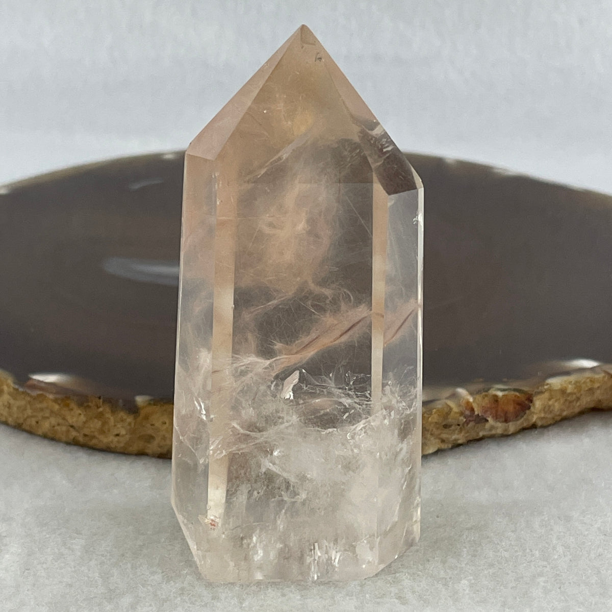 Natural Clear Quartz with Pink Rabbit Hair Tower Display | (103.82g | 76.4 x 36.0 x 24.0mm | Catalyst, "Stone of Soft Romance & Gentle Magnetism" Harmony Generator, Feng Shui Relationship & Serenity Anchor)