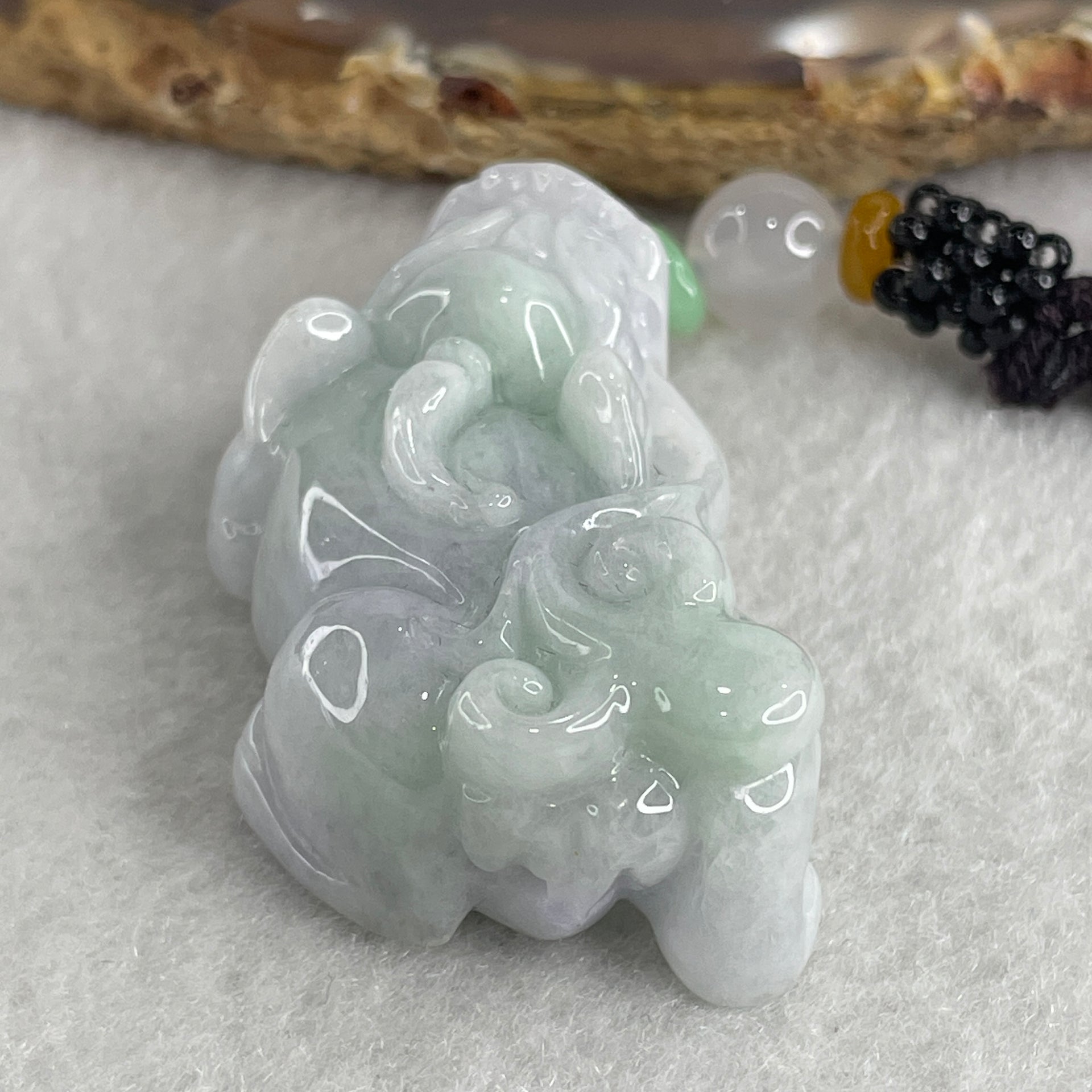 Natural Type A Light Lavender with Green Piao Hua Jadeite Pixiu Pendant 37.40g 42.3 by 25.0 by 16.0mm - Huangs Jadeite and Jewelry Pte Ltd