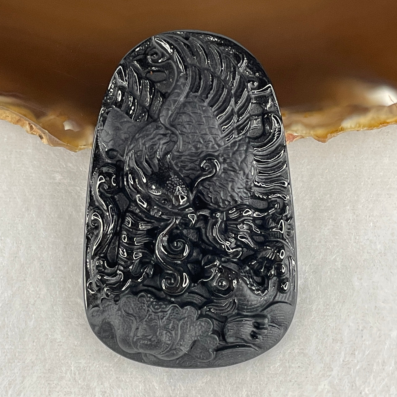 Certified Type A Opaque Black Omphacite Jadeite Fire Phoenix with Fish & Lotus Leaf Pendant | Rebirth, Abundance & Harmony Talisman (27.78g | 60.5 x 38.8 x 8.6mm)
