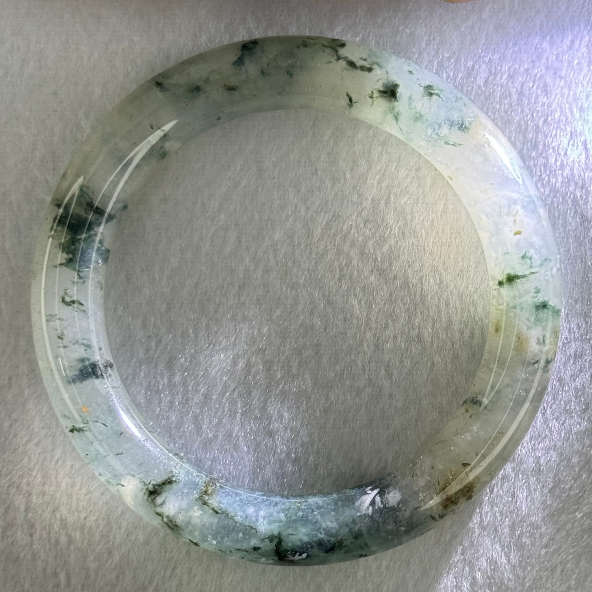 Transparent Colourless with Dark Green and Yellowish White Piao Hua Sodium Feldspar Jade Bangle 水沫玉手镯 Internal Diameter 55.8mm 47.38g 10.8 by 10.8mm - Huangs Jadeite and Jewelry Pte Ltd