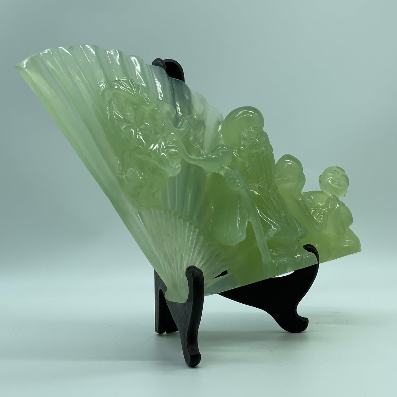Natural Semi Icy Green Serpentine Shou Xing Gong with Tong Zi and Double Bat on Fan with Wooden Stand Display 1,465.5g 291.0 by 100.0 by 212.0mm