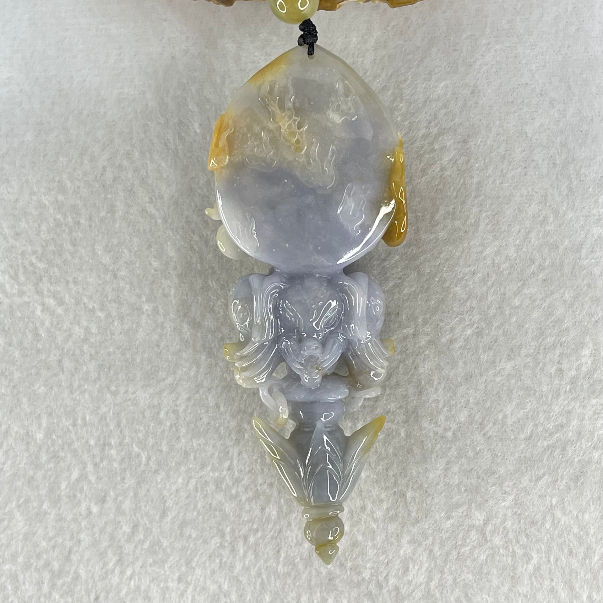 Type A Deep Lavender with Brownish Patches Jadeite Acala on 3 Elephants and Dagger Pendant Necklace 72.27g 89.6 by 34.0 by 20.3mm - Huangs Jadeite and Jewelry Pte Ltd