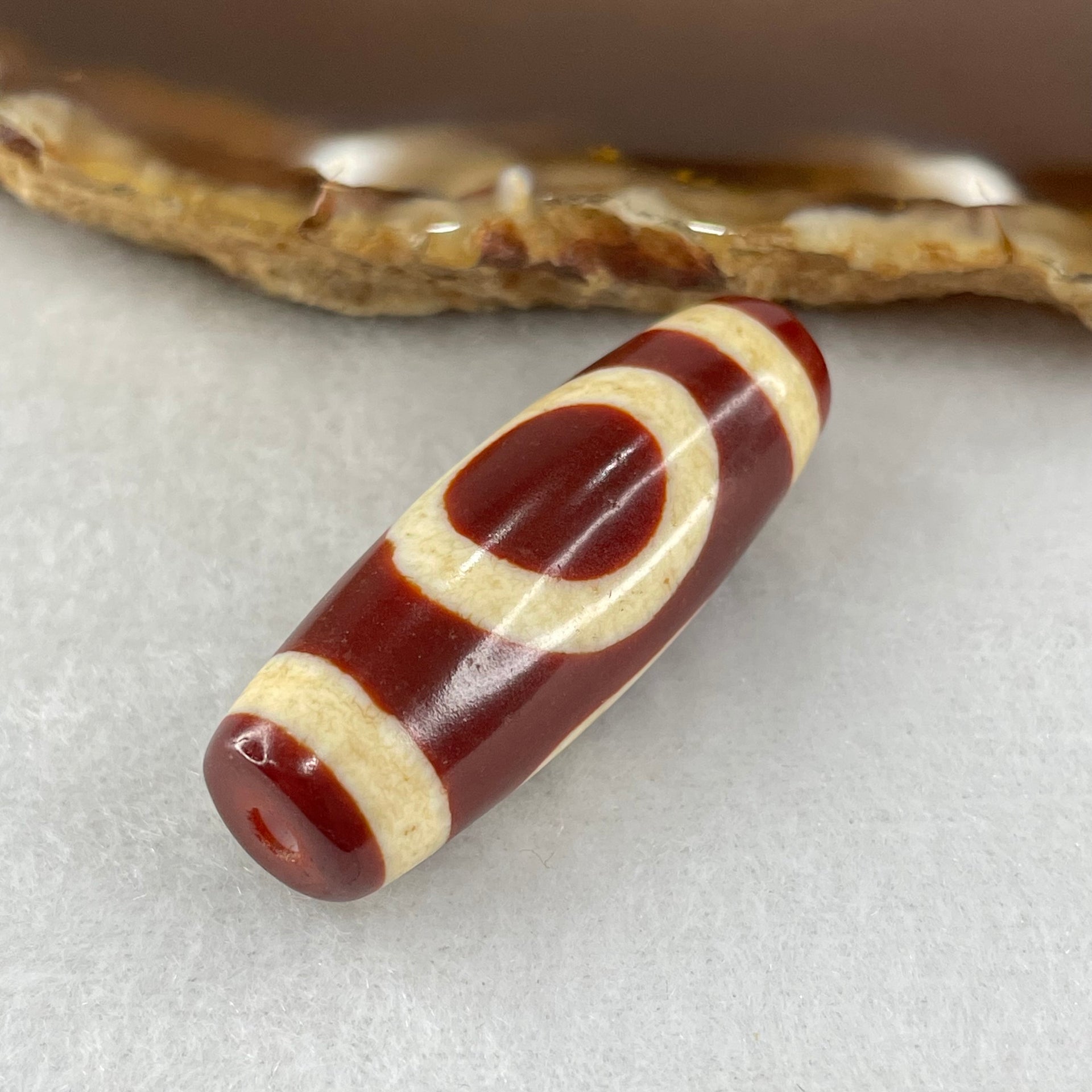Natural Powerful Tibetan Old Oily Red White Agate One Eye Fire Sign Dzi Bead Heavenly Master (Tian Zhu) 一眼火天珠 10.41g 38.0 by 13.3mm - Huangs Jadeite and Jewelry Pte Ltd