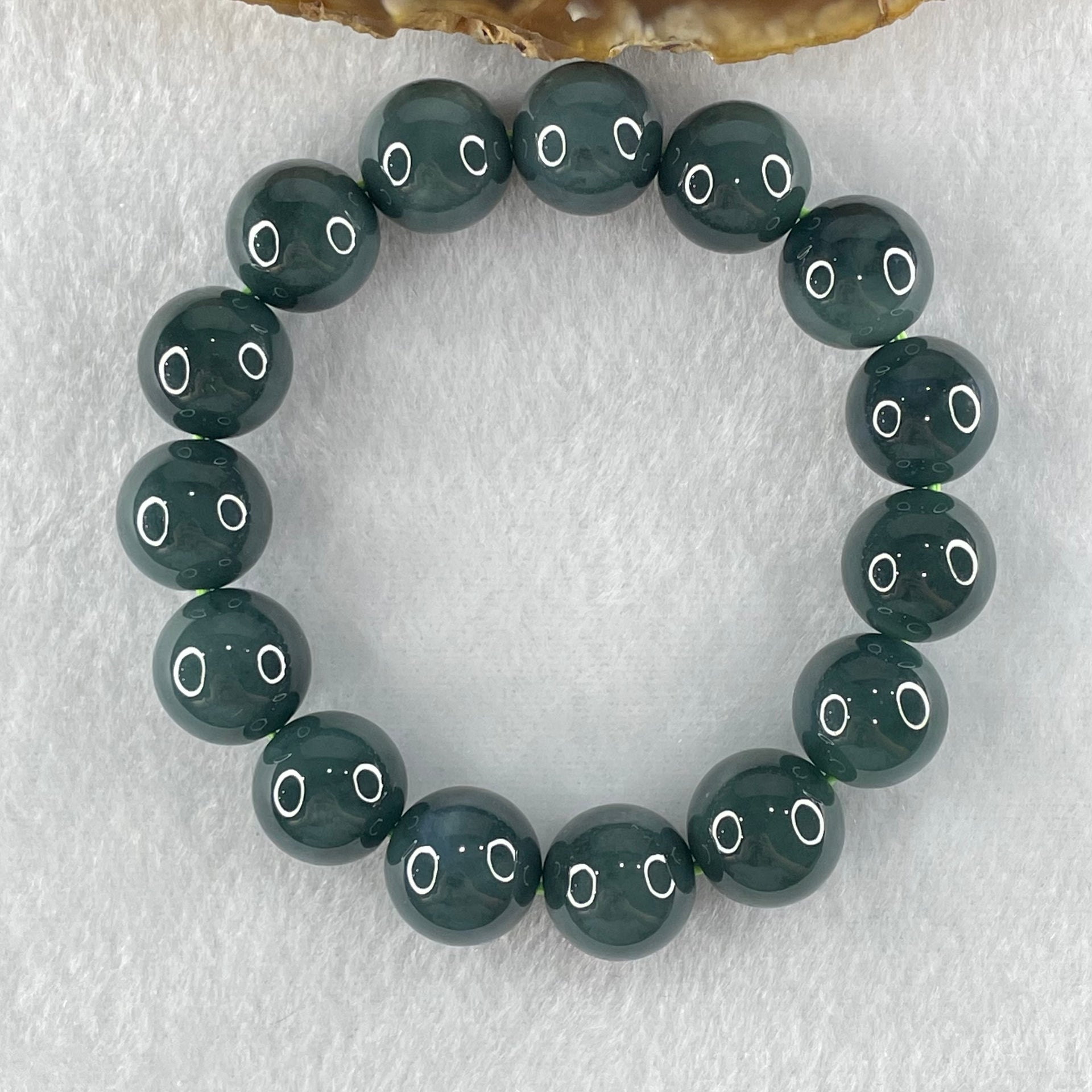 Type A Old Mine Dark Blueish Green Jadeite Beads Bracelet 69.38g 16.5cm 14.0mm 15 Beads - Huangs Jadeite and Jewelry Pte Ltd