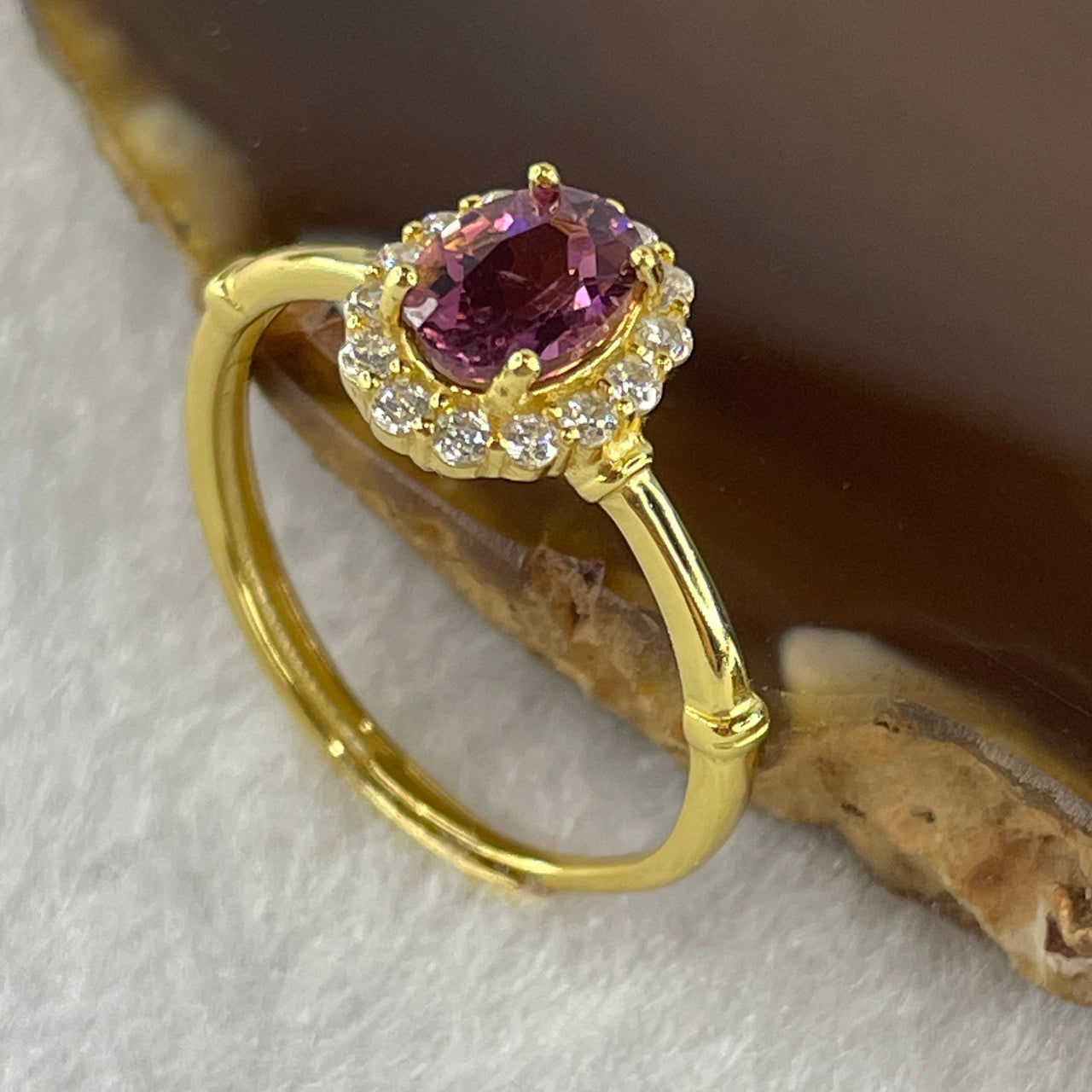 Certified Natural Watermelon Tourmaline Faceted Ring in S925 Sliver Gold Plated Adjustable Size 1.60g 6.7 by 4.5 by 2.0mm