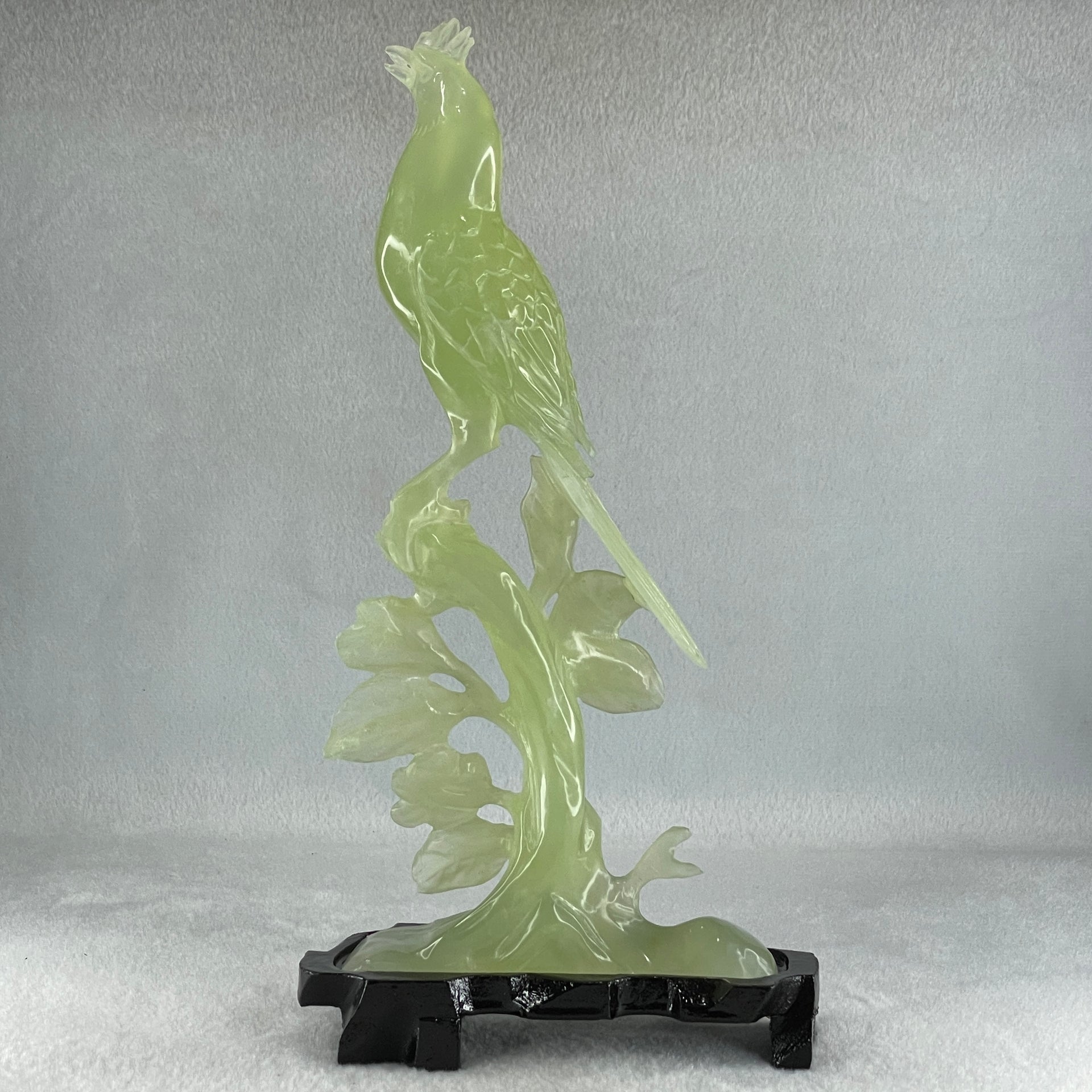 Natural Green Serpentine Javan Mynah Birds on Tree with Wooden Stand Display 388.9g 130.0 by 258.0 by 64.0mm - Huangs Jadeite and Jewelry Pte Ltd