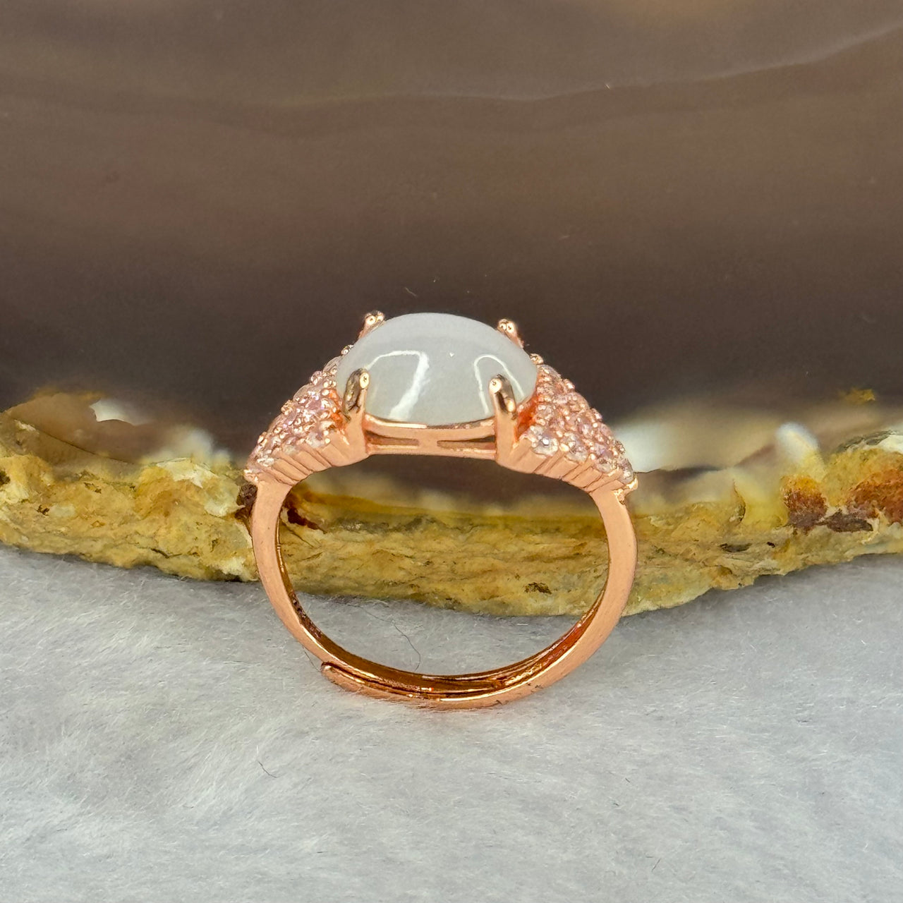Type A Light Lavender Jadeite with Crystals in S925 Sliver Rose Gold Color Ring (Adjustable Size) 2.03g 7.5 by 10.0 by 4.0mm - Huangs Jadeite and Jewelry Pte Ltd