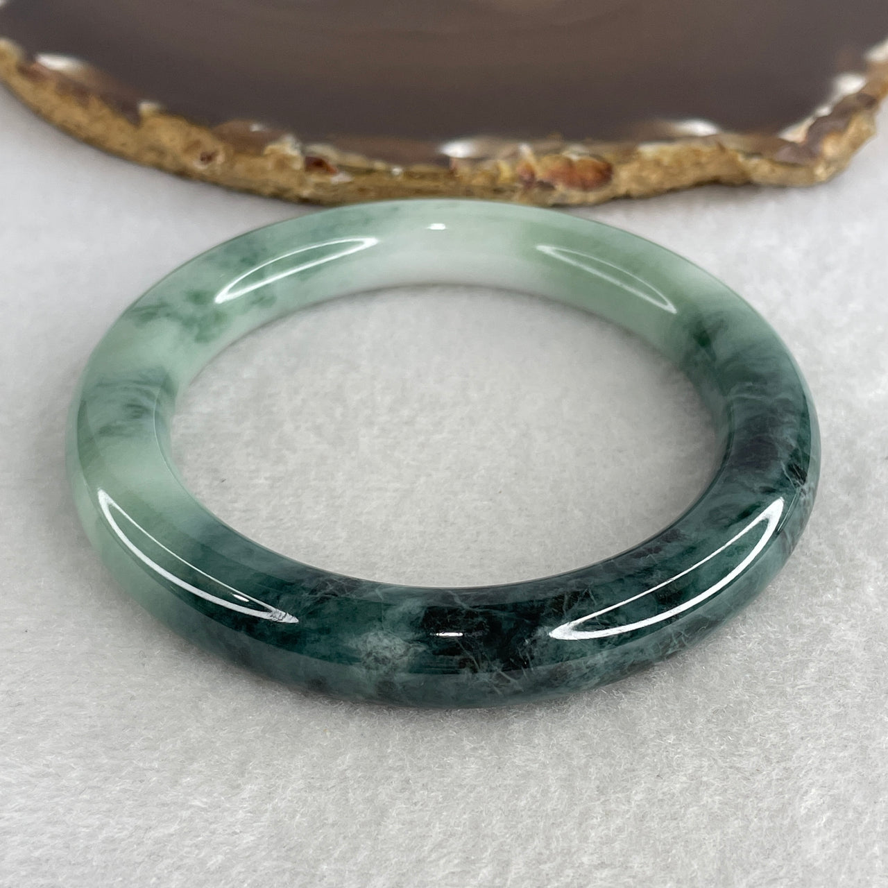 Natural Type A Multicolor Jadeite Bangle | 58.8mm Partial Translucent Light Green & Light Lavender with Rich Dark Green Patches | Very Slight External Rough "Fei Cui" Round Cross-Section Wrist Heirloom (68.13g 10.9x11.0mm)