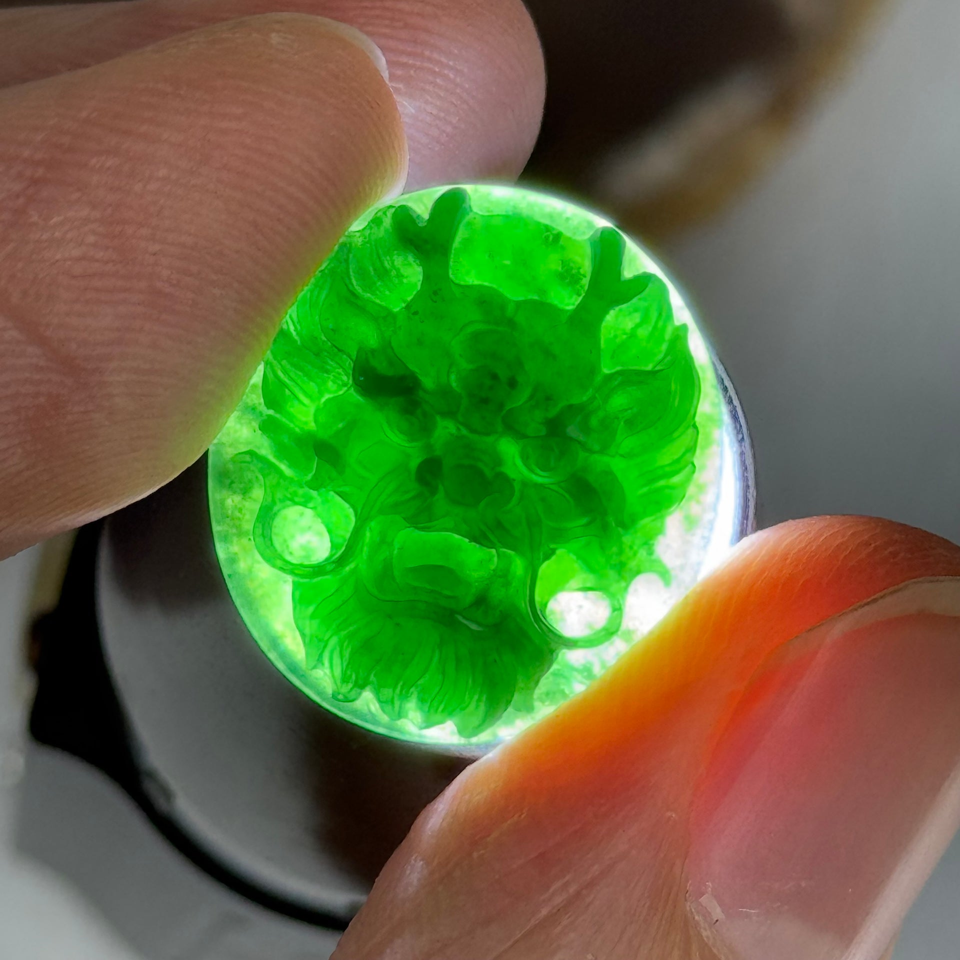 Rare Good Grade Type A Fully Translucent Black Jadeite Dragon Head Stone For Setting 3.65g 20.3 by 18.5 by 6.4mm - Huangs Jadeite and Jewelry Pte Ltd
