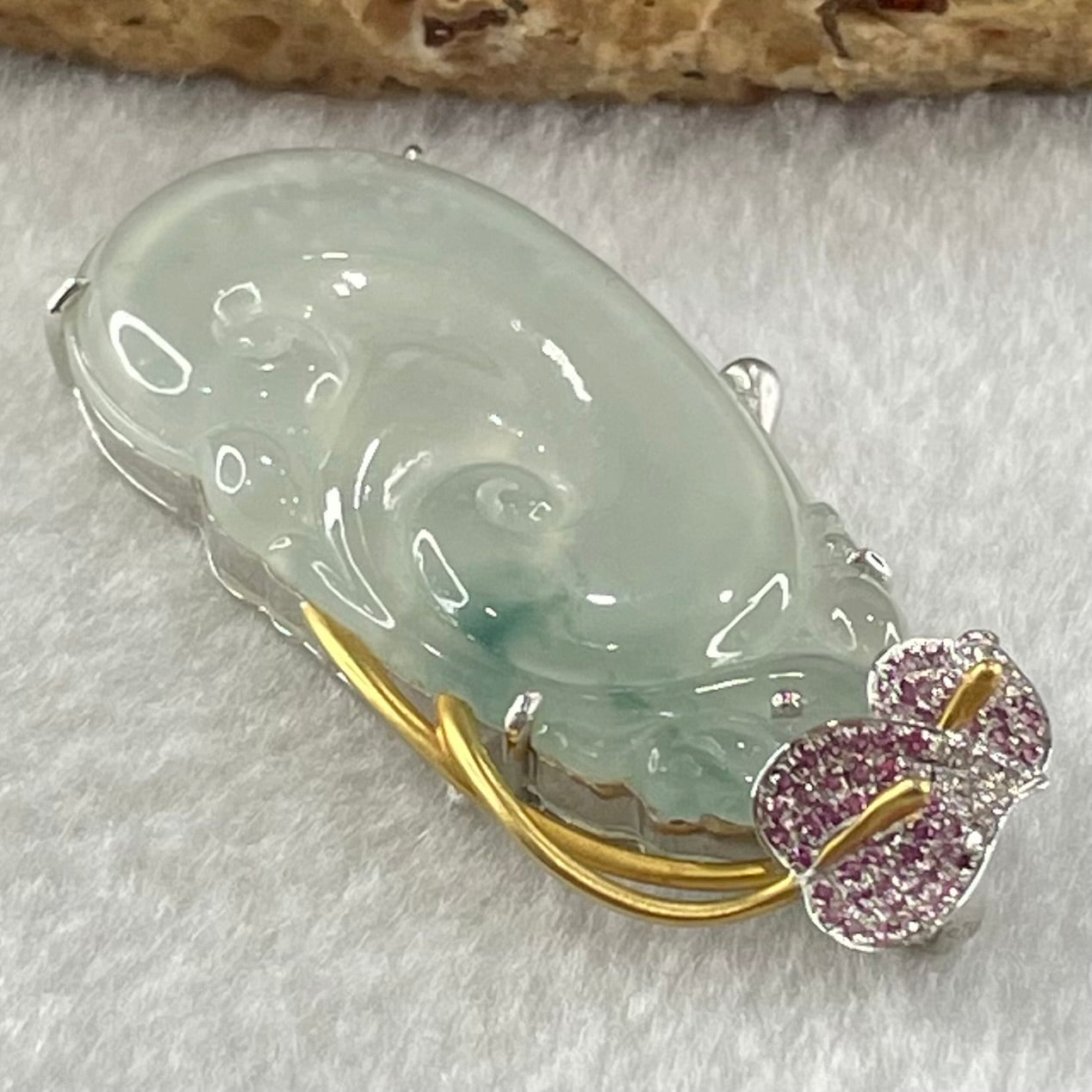 Type A Icy Colourless Jadeite Dragon on Ruyi with Diamonds and Rubilite in 18K White and Yellow Gold 11.22g 42.0 by 21.9 by 3.5mm - Huangs Jadeite and Jewelry Pte Ltd