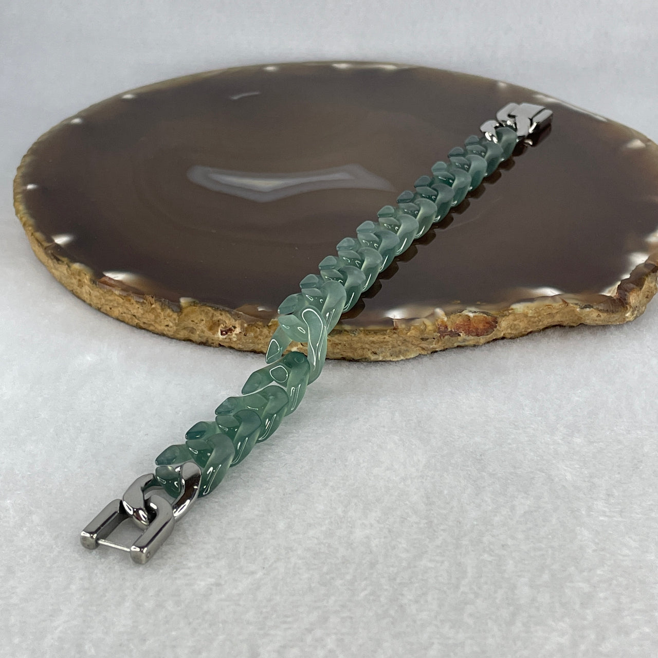 Certified Natural Type A Icy Light Blueish Green Jadeite Cuban Tennis Bracelet with Stainless Steel Clasp 21.33g Up to 17cm 11.7 by 3.5mm 17 Pcs