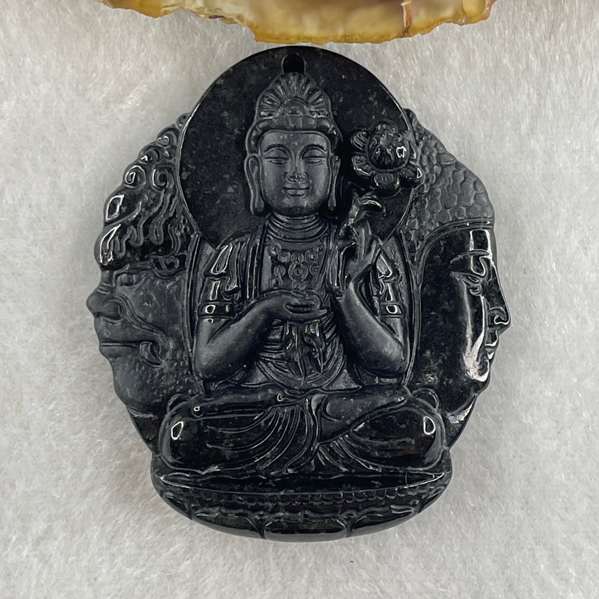 Type A Opaque Black Omphacite Jadeite Good Vs Evil Mahasthamaprapta Bodhisattva Pendant Horse Zodiac Guardian 41.32g 50.8 by 43.8 by 11.8mm - Huangs Jadeite and Jewelry Pte Ltd