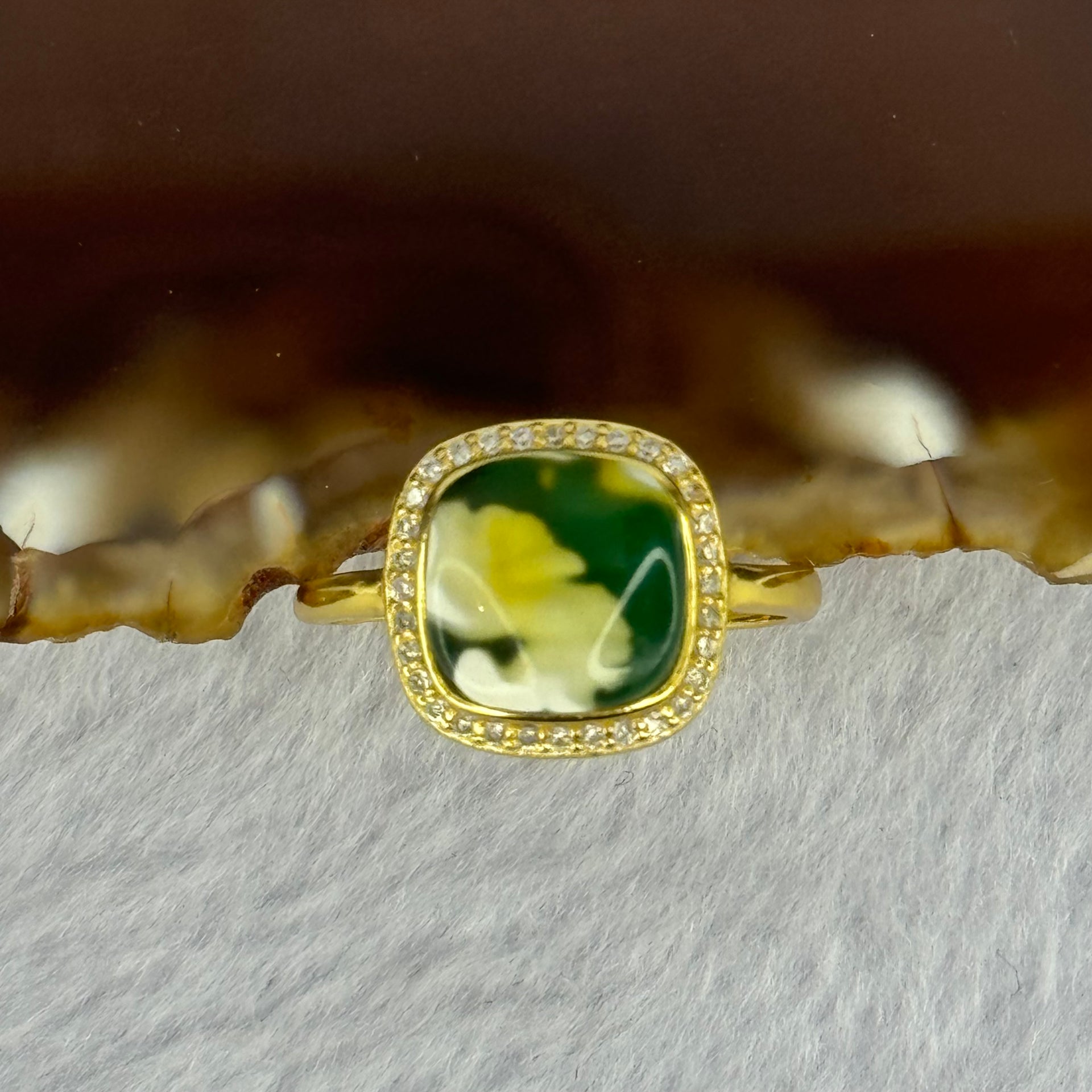 Natural Green Amber with Milk Inclusions in S925 Sliver Gold Color Ring (Adjustable Size) 2.31g 9.5 by 3.0mm - Huangs Jadeite and Jewelry Pte Ltd