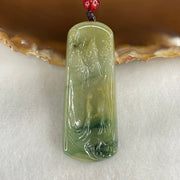 Type A Green with Yellow and Blueish Green Patches Jadeite Shan Shui with Guiren Benefactor seeking Enlightenment Pendant 18.17g 51.1 by 20.5 by 6.7mm - Huangs Jadeite and Jewelry Pte Ltd