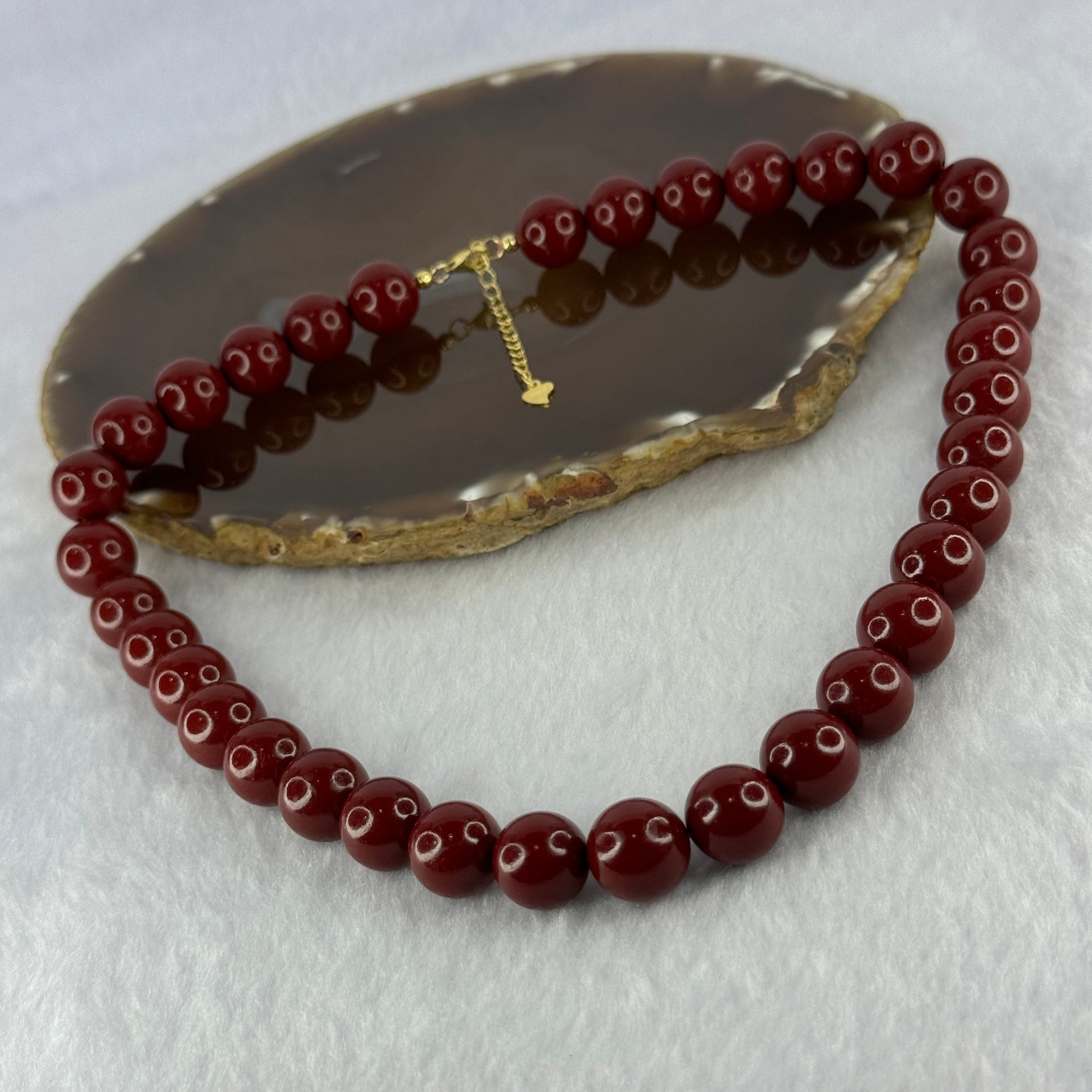 Natural Red Cinnabar Beads Necklace in S925 Sliver Gold Color Clasps 天然紫金沙项链 88.88g 40cm 12.0mm 35 Beads - Huangs Jadeite and Jewelry Pte Ltd