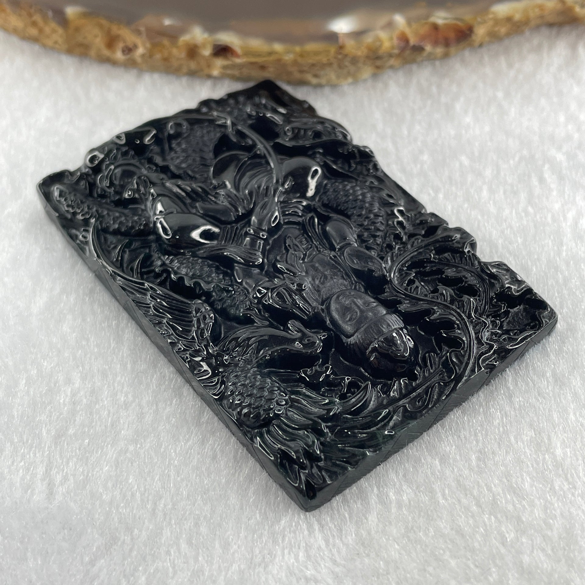 Type A Opaque to Partial Translucent Black Omphacite Jadeite Guan Yin with Dragon and Phoenix Pendant 34.30g 63.1 by 41.4 by 8.0mm - Huangs Jadeite and Jewelry Pte Ltd