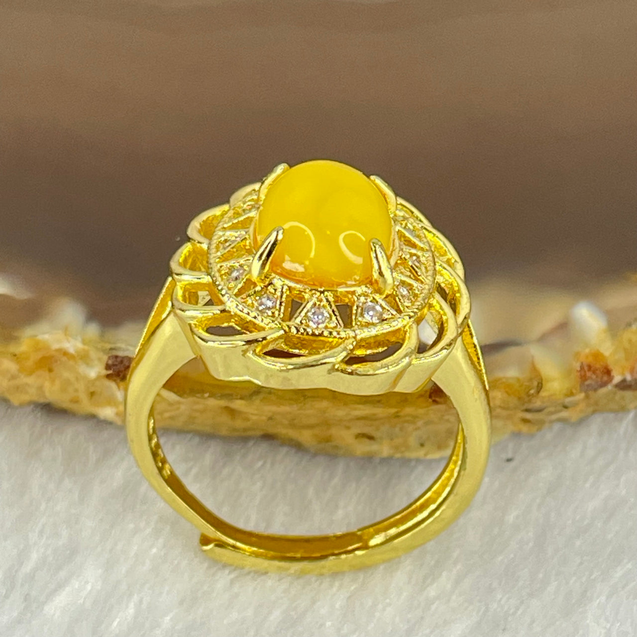 Natural Butterscotch Amber With Crystals in S925 Sliver Gold Color Ring (Adjustable Size) 3.74g 8.9 by 7.2 by 5.0mm - Huangs Jadeite and Jewelry Pte Ltd