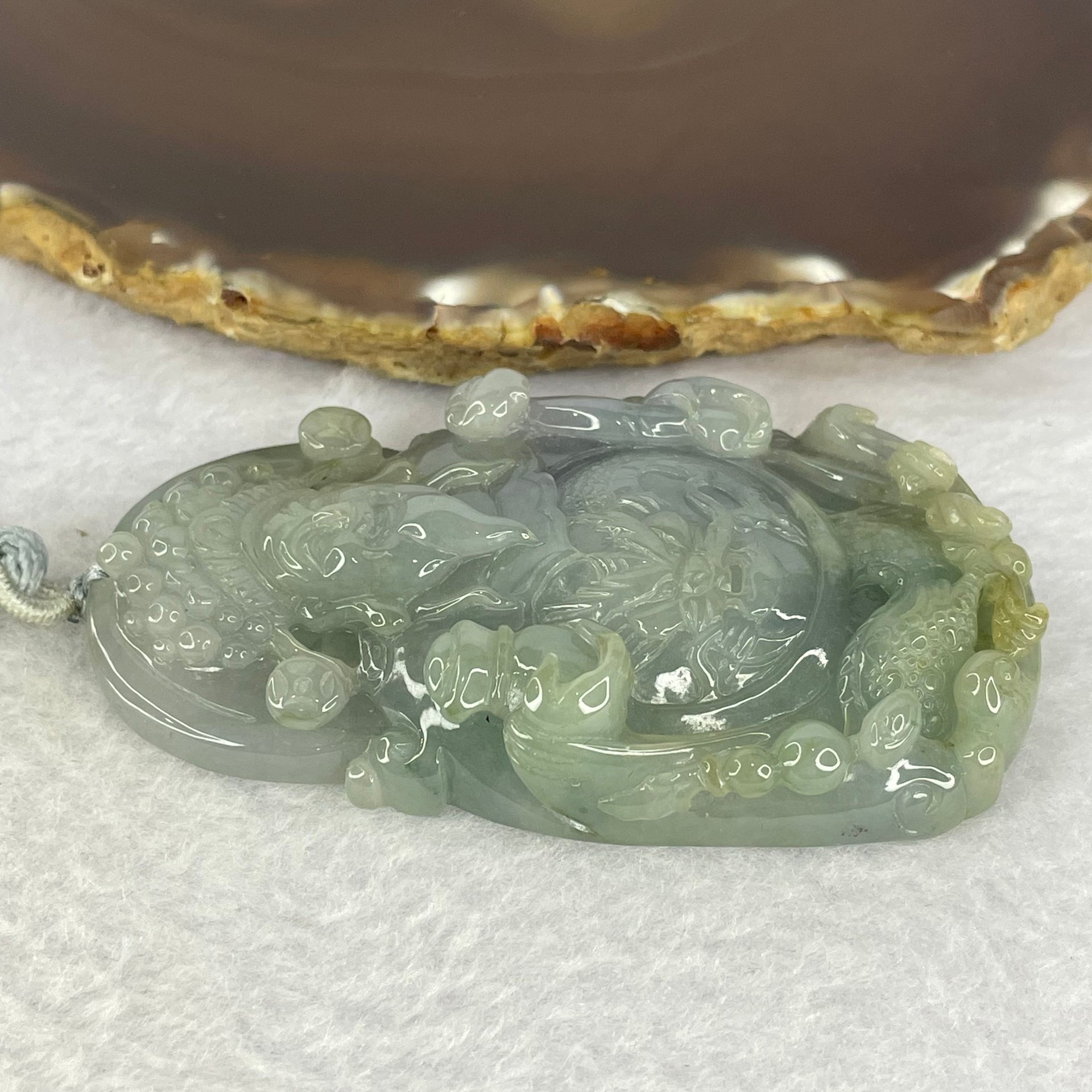 Grand Master Type A 3 Colours Green Lavender Brown Jadeite Gold of Fortune Cai Shen Ye 财神爷 on Dragon 龙 84.21g 75.4 by 41.7 by 12.8mm - Huangs Jadeite and Jewelry Pte Ltd