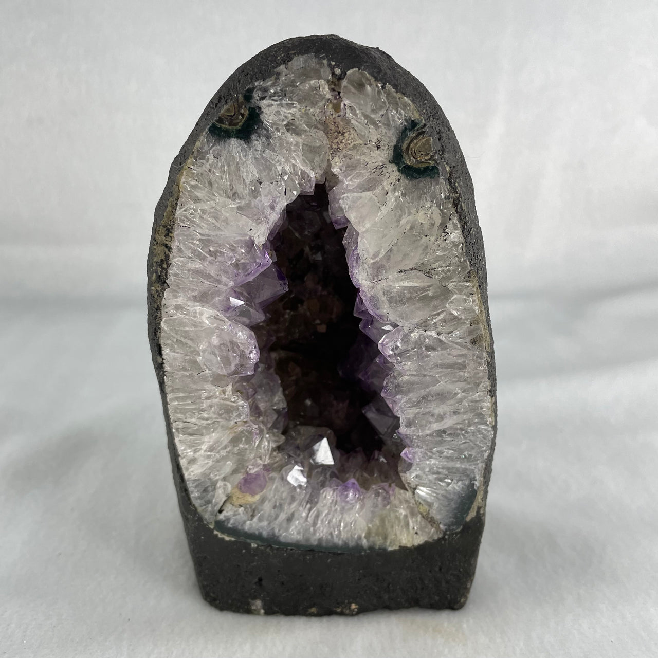 Natural Amethyst Cave with Wooden Stand 1,198.8g 98.0 by 99.0 by 175.0mm - Huangs Jadeite and Jewelry Pte Ltd