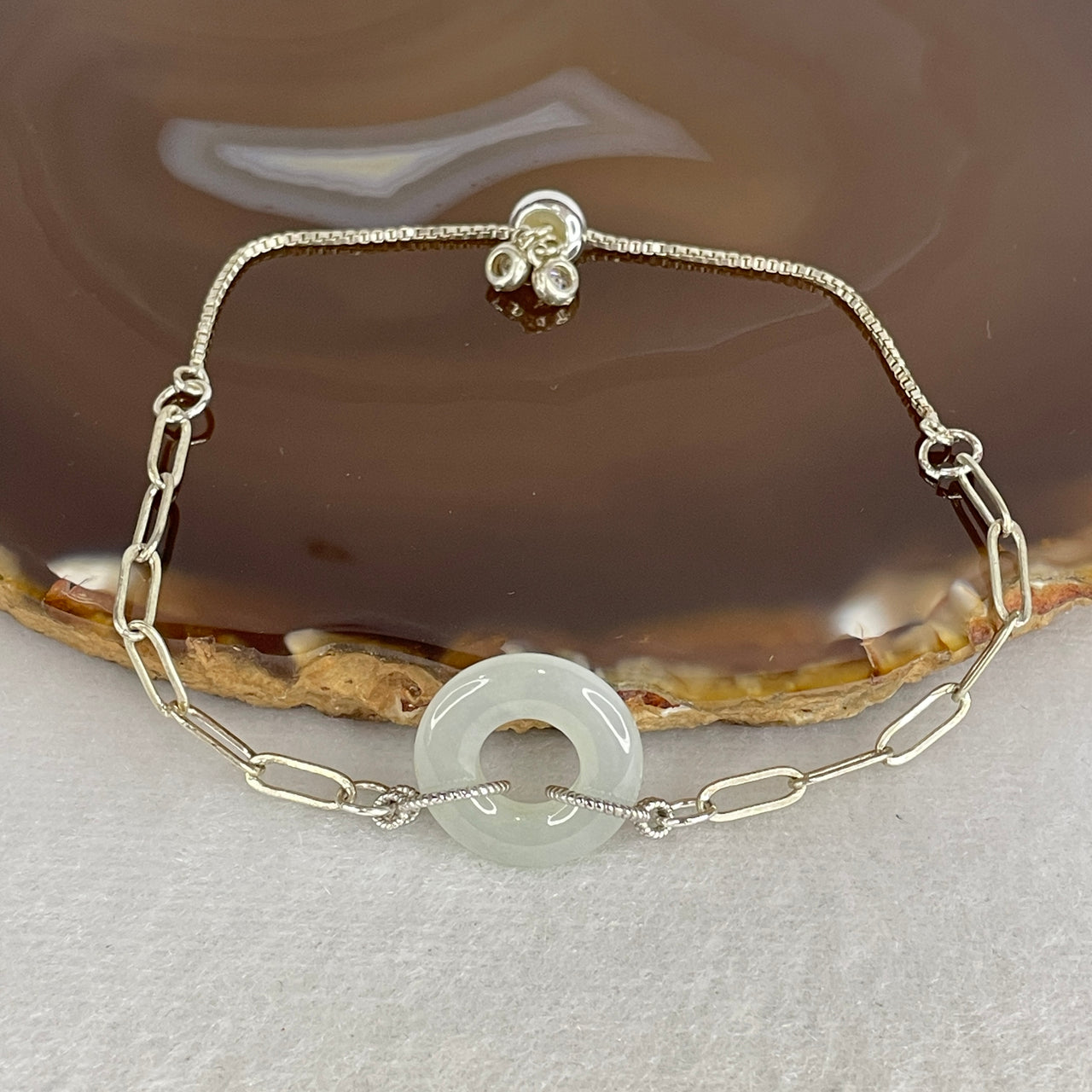 Type A Jelly Faint Green Jadeite "Ping An Kou" Donut Bracelet | Solid S925 Sterling Silver Setting | Adjustable 13-17cm Wrist Fit | Imperial "Safe Journey & Harmony" Protection Talisman (4.50g 16.4x3.6mm)