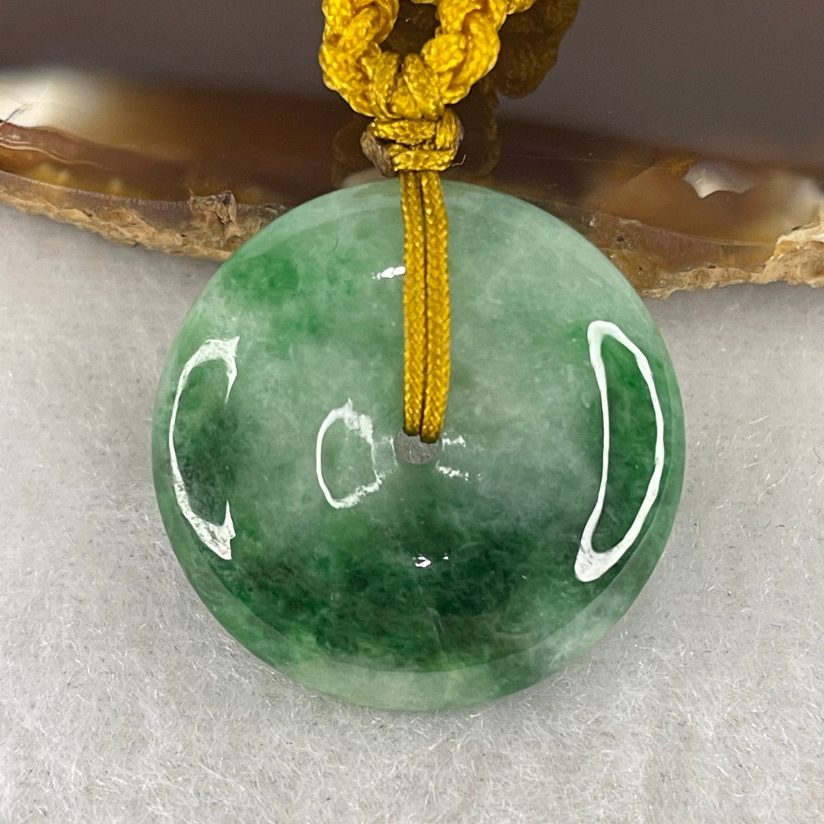 Natural Type A Spicy Green Jadeite Ping An Kou Pendant | (8.38g | 24.7x5.4mm | Heart Chakra Vitality, Complete Peace & High-Energy Wealth Shield)