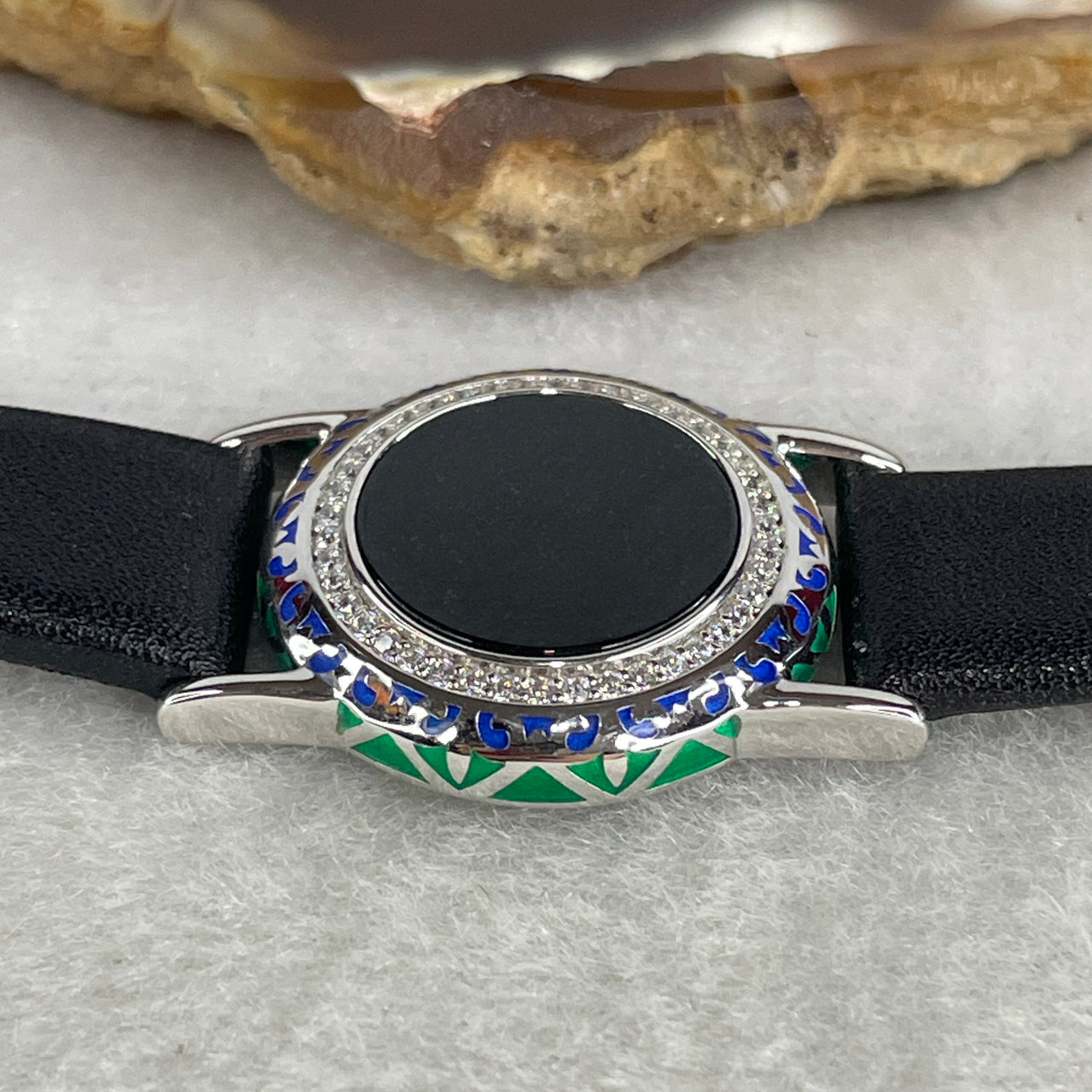 Type A Fully Translucent Black Omphacite Jadeite Round "Wu Shi Pai" Bracelet | Solid S925 Sterling Silver Setting | 13-16cm Genuine Leather Strap | 13.8x2.0mm "Imperial Ink" Safe Journey Talisman (12.21g)