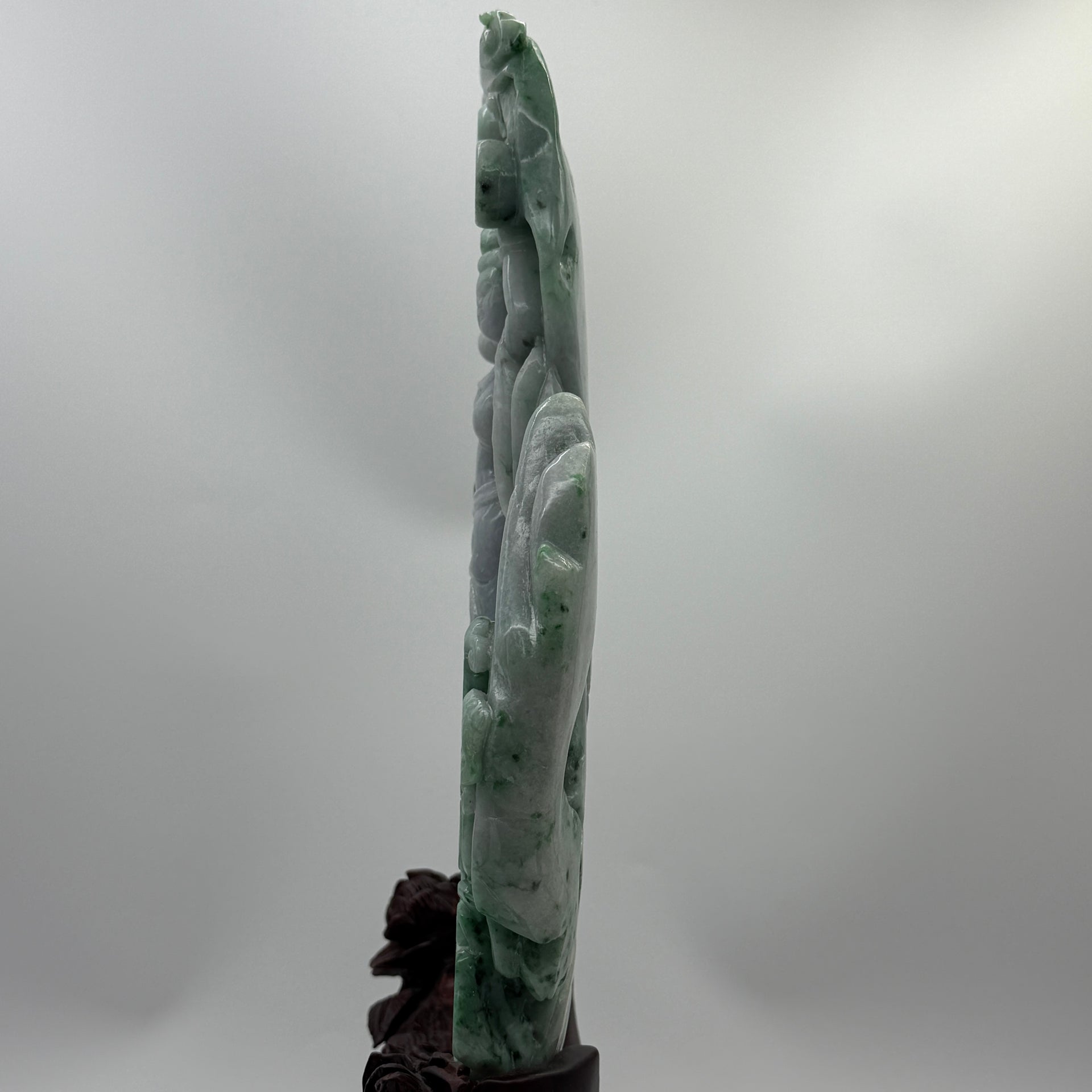 Type A Lavender and Green with Spicy Green Spots 仙女 with Wooden Stand Display Piece 3.38kg Dimensions with Stand 43 by 27 by 10cm Jadeite Dimensions 31 by 22 by 3cm - Huangs Jadeite and Jewelry Pte Ltd