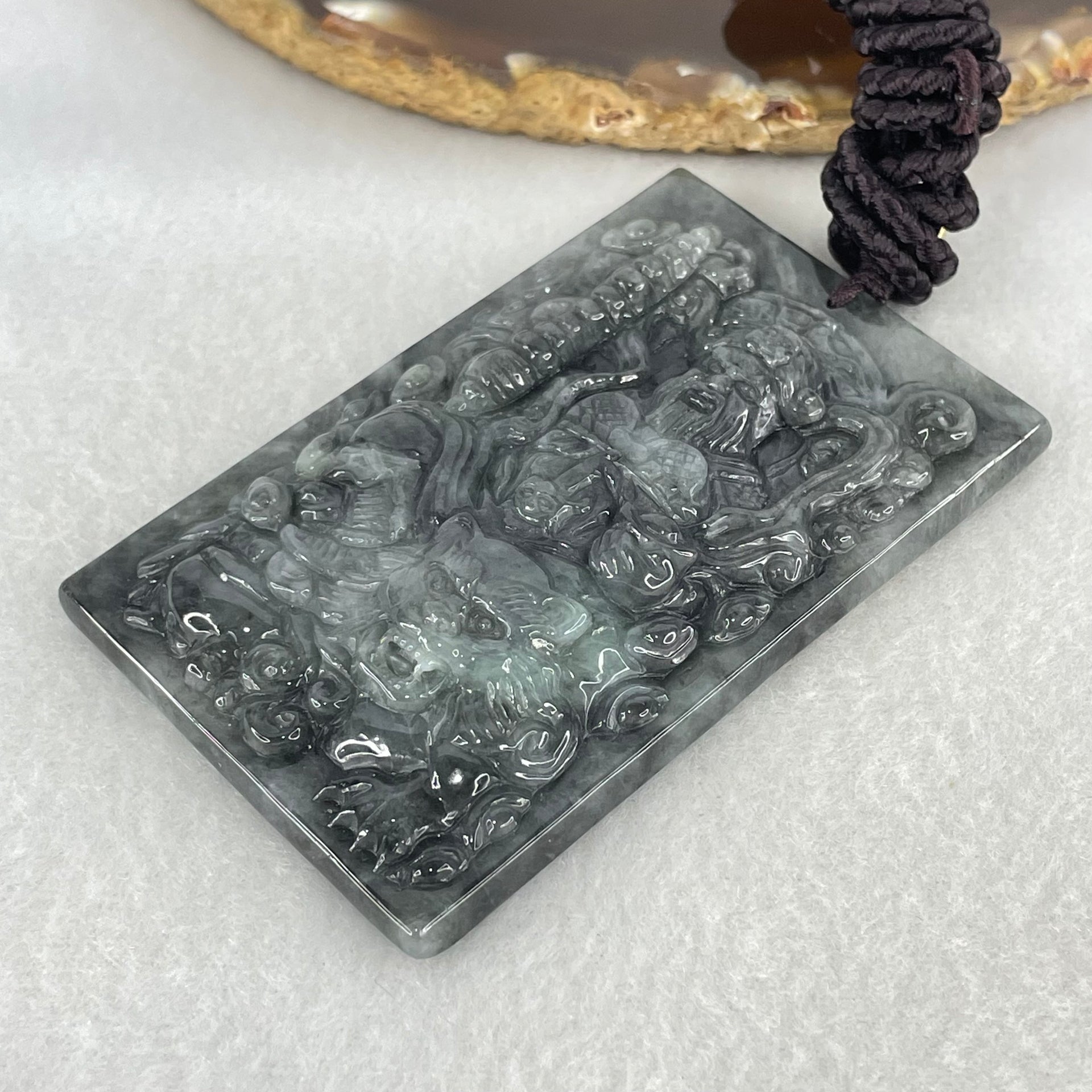 Type A Wuji Black with Light Green Jadeite Zhao Gong Yuashuai God Of Wealth Pendant 70.89g 72.9 by 5.9 by 11.2mm - Huangs Jadeite and Jewelry Pte Ltd