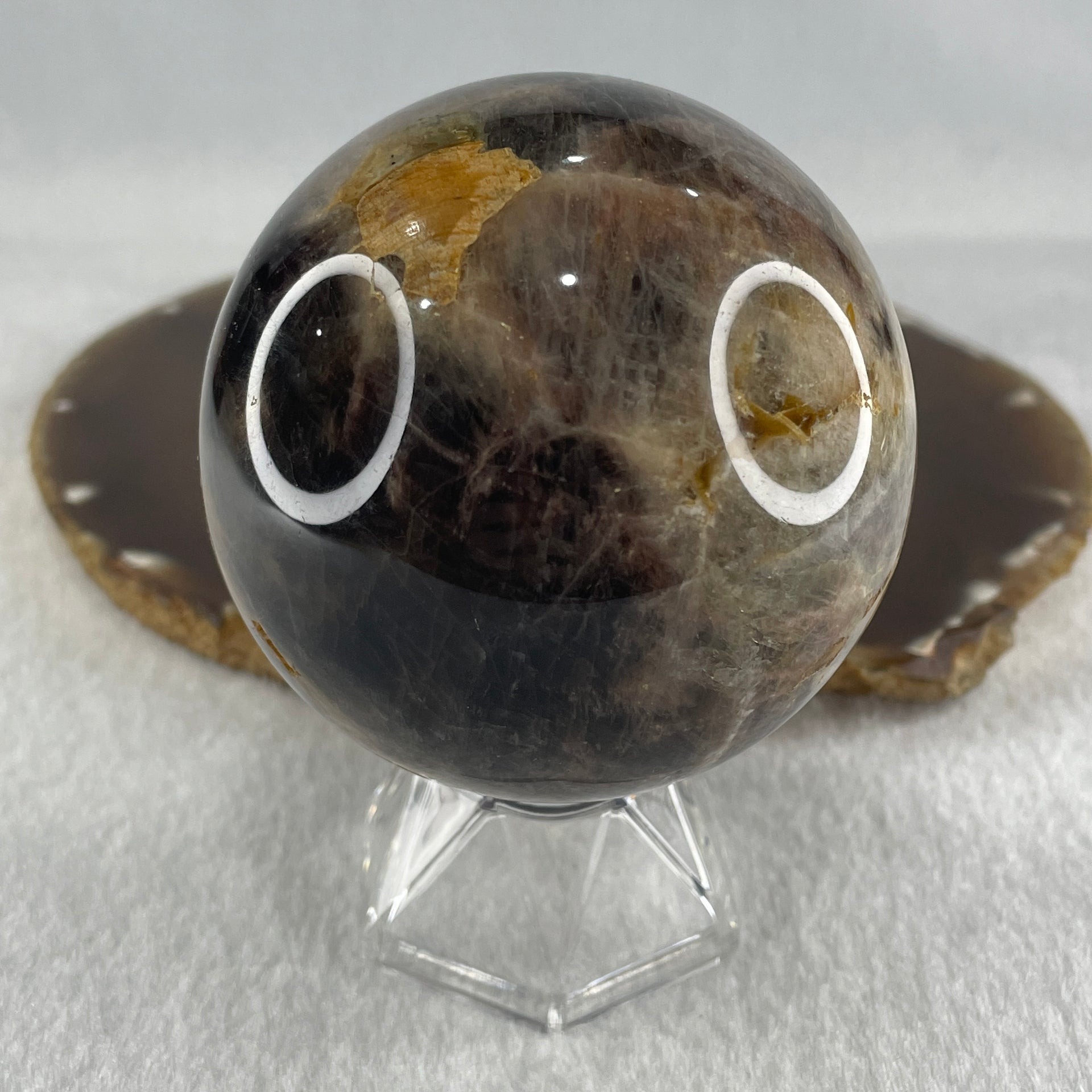 Natural Black Moonstone Ball with Clear Acrylic Display 443.95g 69.0 by 90.0mm - Huangs Jadeite and Jewelry Pte Ltd