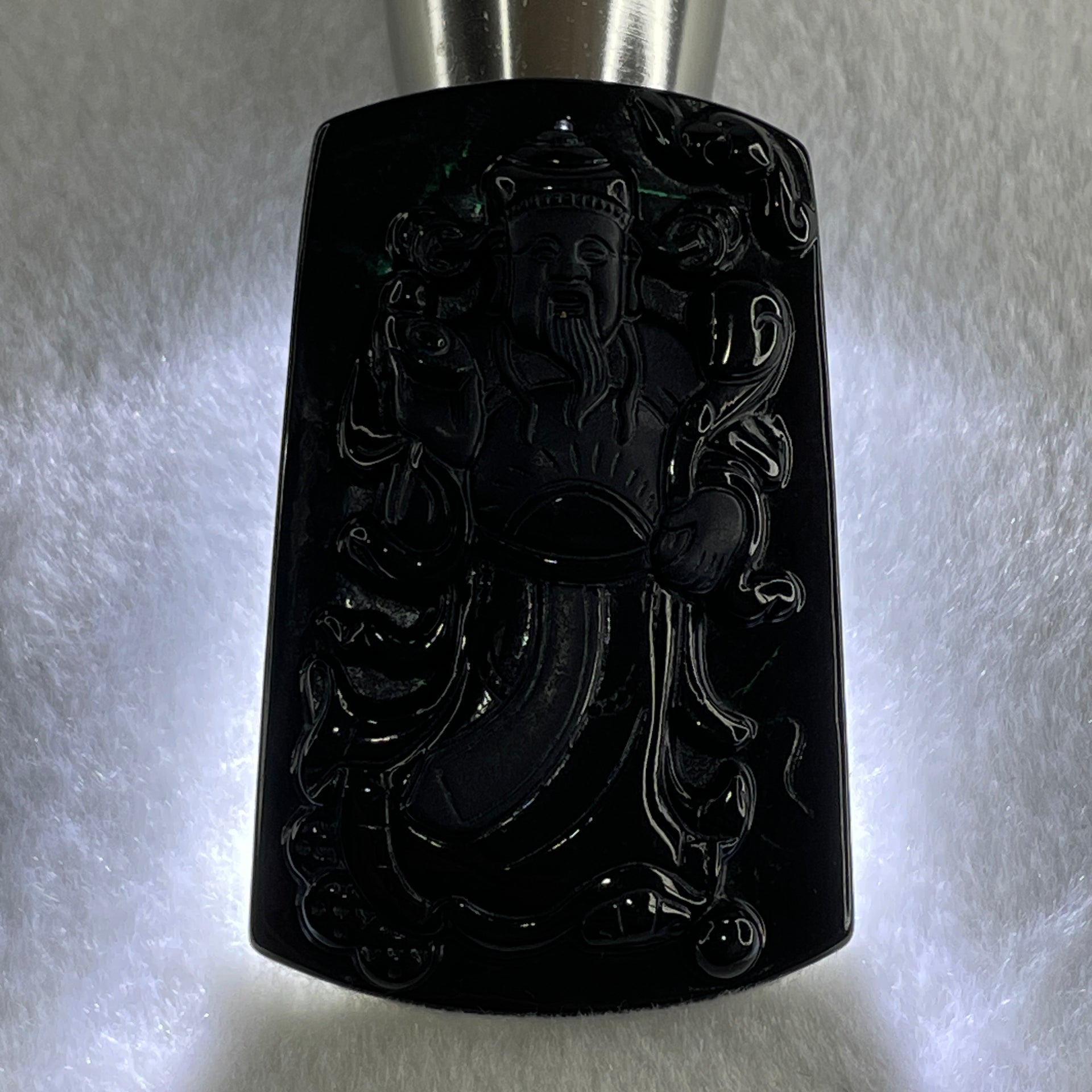 Type A Opaque to Partial Translucent Black Omphacite Jadeite Cai Shen Ye God of Fortune Pendant 26.80g 62.8 by 40.0 by 7.5mm - Huangs Jadeite and Jewelry Pte Ltd