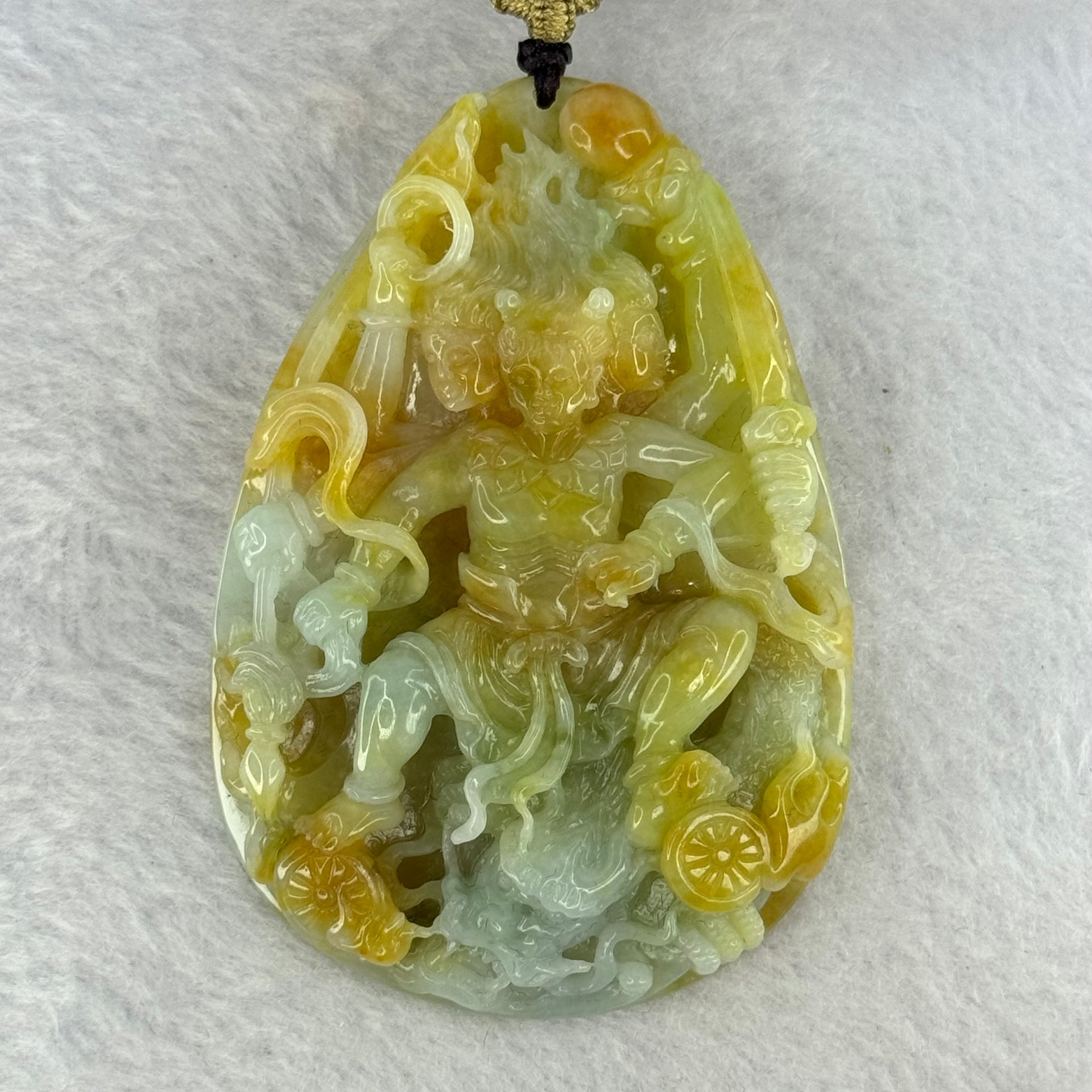 Rare Grand Master Type A 4 Colours Yellow Lavender Green Red Jadeite Neza on Dragon A货大师四彩翡翠哪咋三太子牌 70.66g 71.8 by 48.6 by 11.8mm with Wooden Stand - Huangs Jadeite and Jewelry Pte Ltd