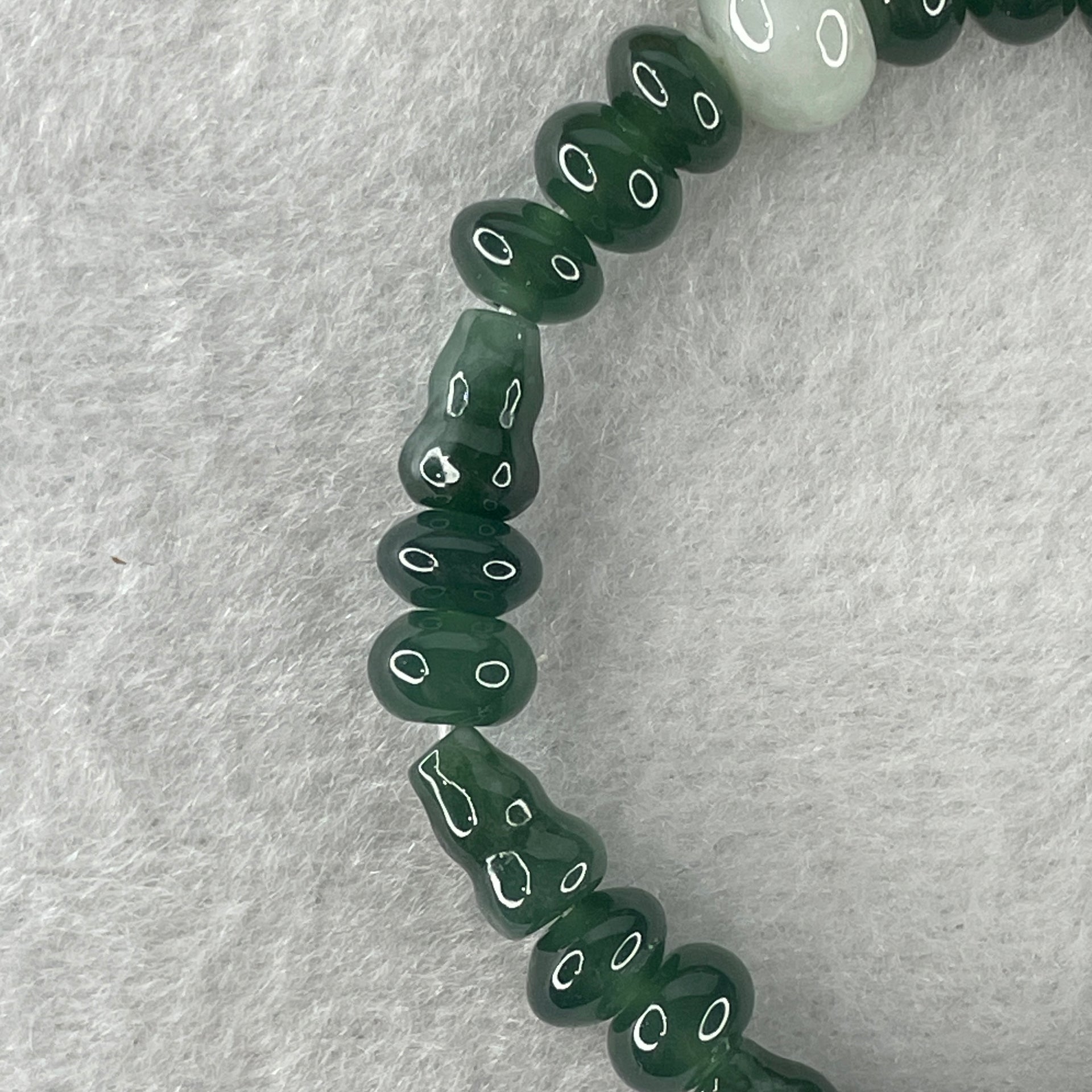 Natural Type A Blueish Green Jadeite Donut Shape Beads with Hulu Shape Charm with Icy Colorless Jadeite Hulu Charm Bracelet 11.79g 12cm 6.9mm 18 Beads Hulu 9.3 by 6.0mm 7 Pieces - Huangs Jadeite and Jewelry Pte Ltd