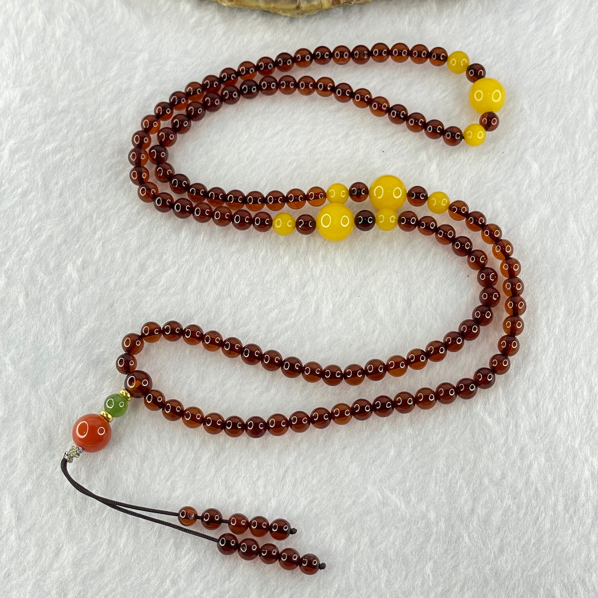 Natural Blood Red with Yellow Amber Beads Necklace 天然血珀项链 12.27g 60cm 9.4mm 3 Beads 5.7mm 6 Beads 5.1mm 104 Beads - Huangs Jadeite and Jewelry Pte Ltd