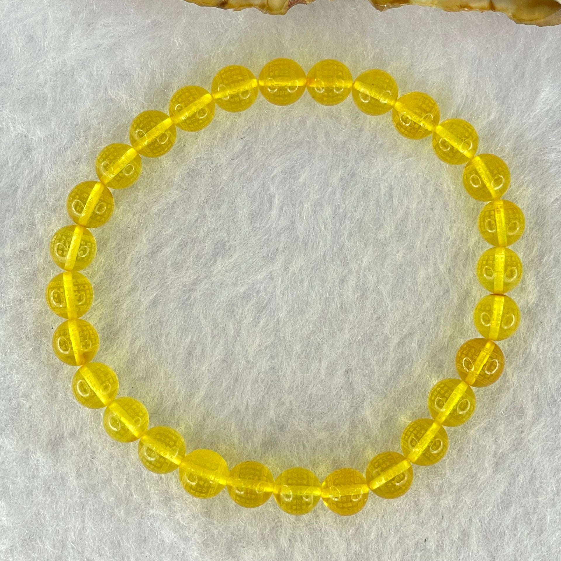 Natural Yellow Amber Beads with Inscription Bracelet 4.38g 15.5cm 6.7mm 28 Beads - Huangs Jadeite and Jewelry Pte Ltd