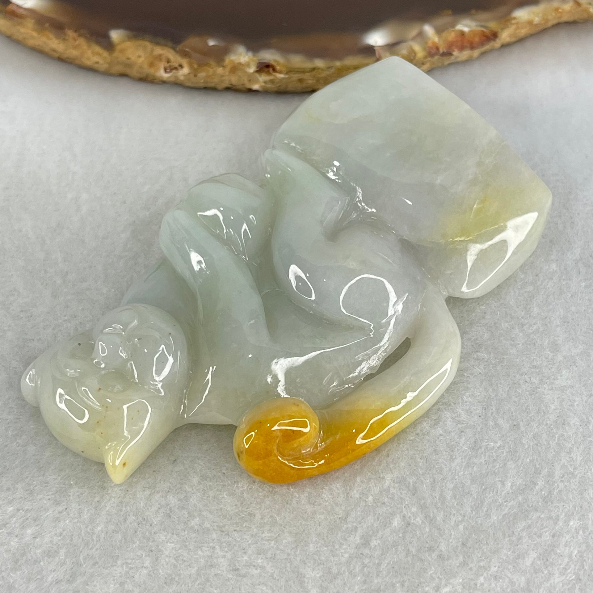 Type A Light Green with Brown Patches Jadeite Monkey Pendant 89.93g 77.0 by 47.9 by 17.1mm - Huangs Jadeite and Jewelry Pte Ltd