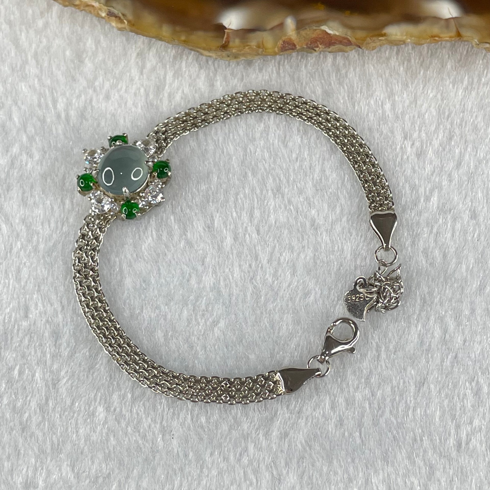Type A Icy Blueish Green Jadeite Cabochon With Crystals in S925 Sliver Bracelet 5.02g 7.6 by 4.0mm - Huangs Jadeite and Jewelry Pte Ltd