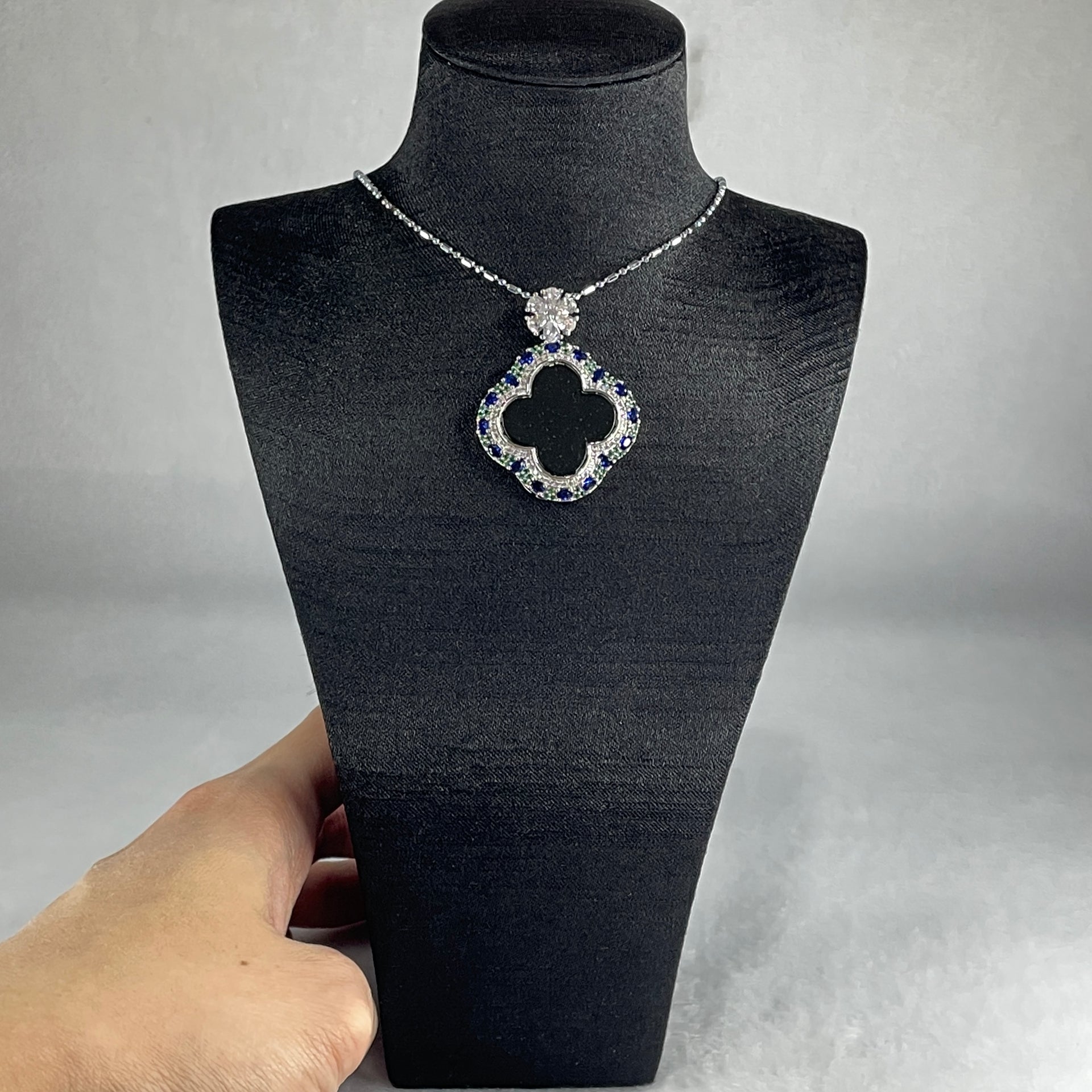 Certified-Natural-Type-A-Black-Omphacite-Jadeite-4-Leafs-Clover-in-S925-Sliver-Set-of-Earrings-6.6-by-6.4mm-Ring-and-Bracelet-9.9-by-8.9mm-Pendant-17.0-by-14.0mm-Total-21.55g
