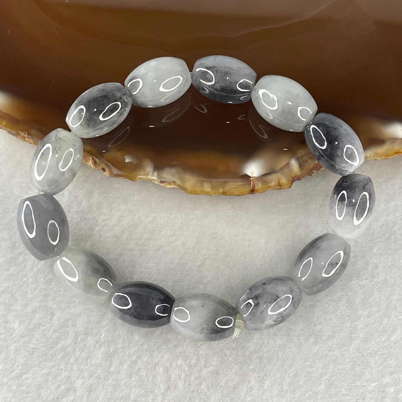 Natural Type A Wuji Grey Jadeite Lulutong Bead Bracelet | 10.2mm Black-Grey Cylinder Jade Beads, 14.5cm Wrist (30.32g, 13 Beads)