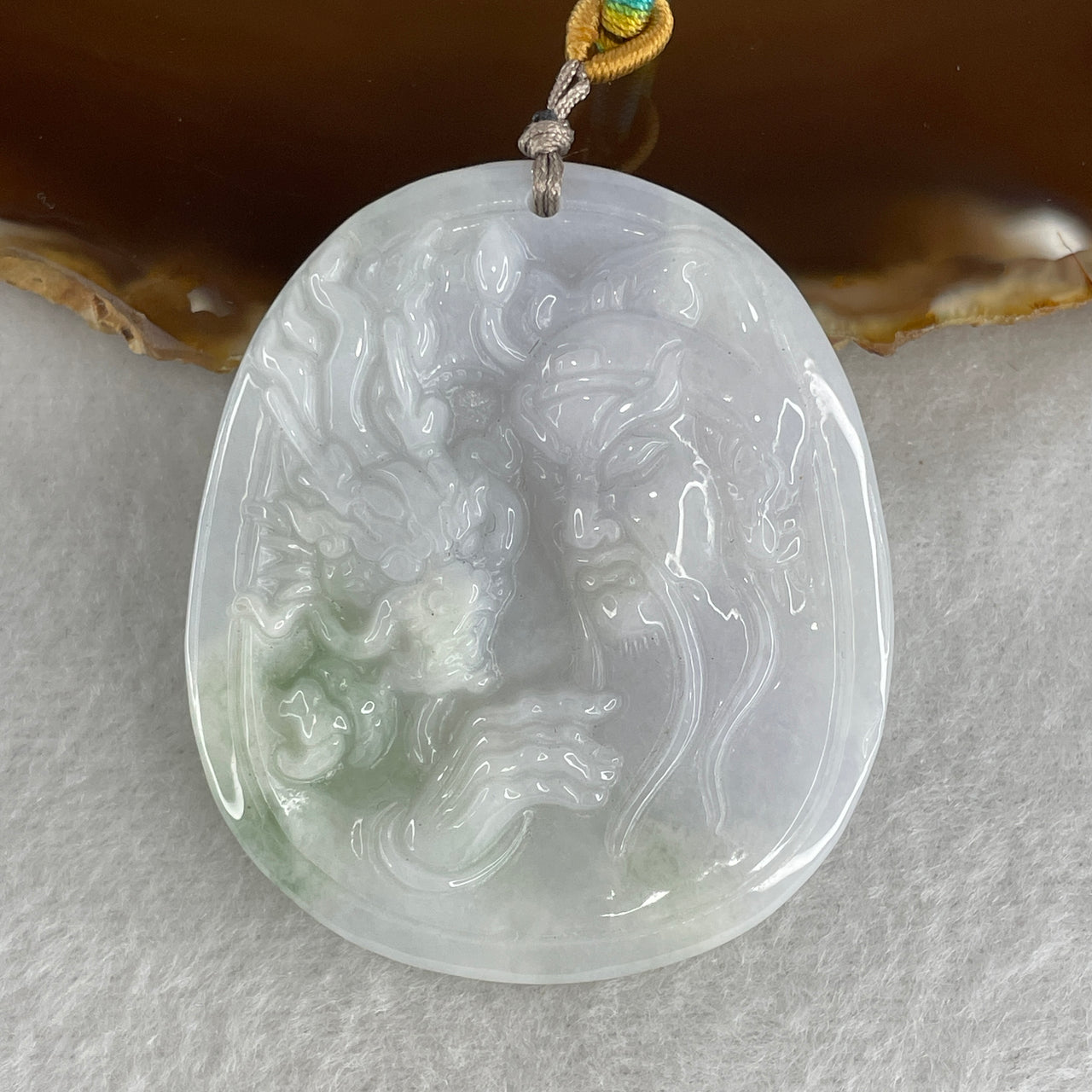 Breathtaking "Spring with Peach" Jadeite Sculpture - Natural Light Lavender & Green Type A Jade - 53mm Guan Gong & Dragon - 38.24g Hand-Carved Masterpiece 53.7x46.8x7.0mm