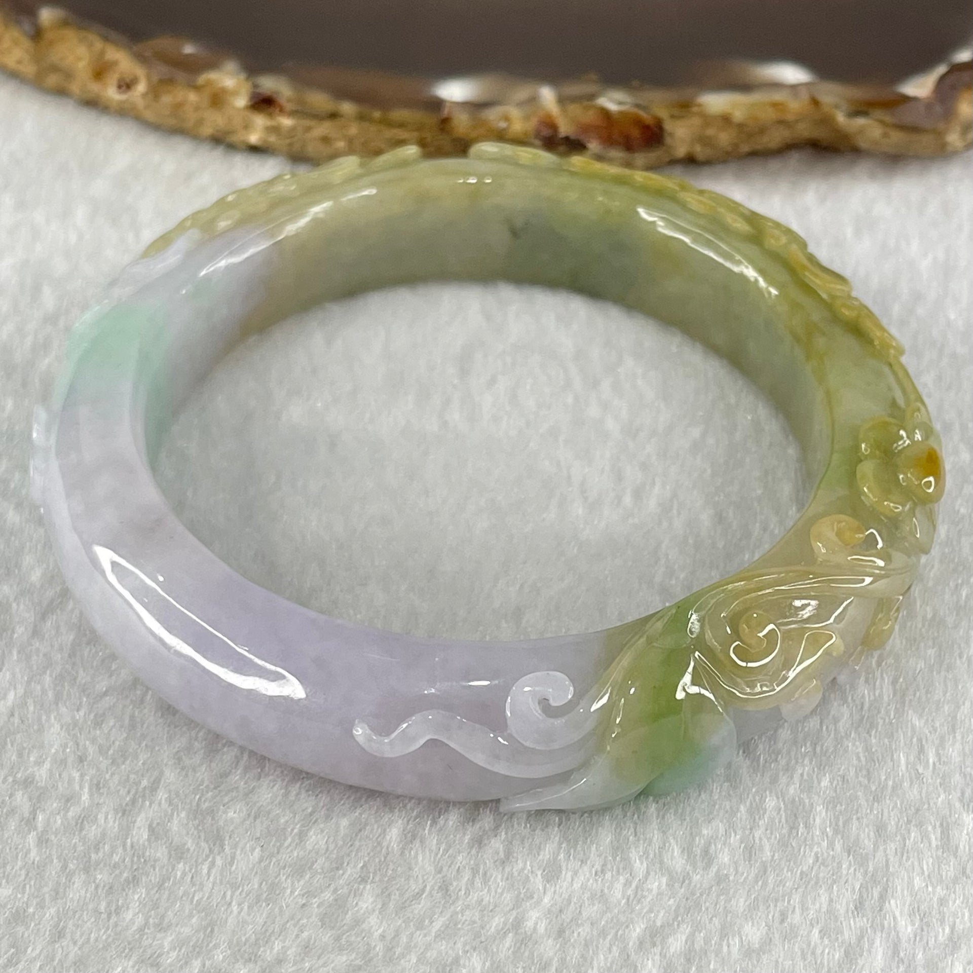 Type A Brownish Green with Lavender Jadeite Prosperity Flowers Bangle 64.22g Internal Diameter 54.6mm 14.2 by 10.3mm (Very Fine Internal Line) - Huangs Jadeite and Jewelry Pte Ltd