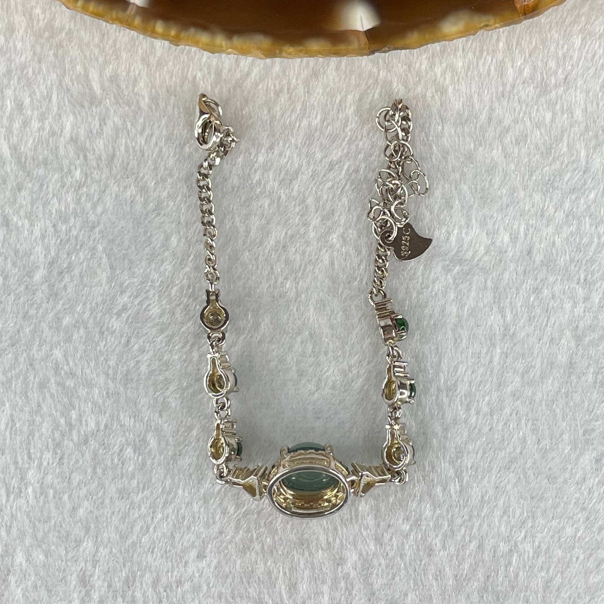 Type A Icy Blueish Green 7.2 by 5.0mm and Icy Green Omphasite Jadeite Cabochon With Crystals in S925 Sliver Bracelet 4.70g - Huangs Jadeite and Jewelry Pte Ltd