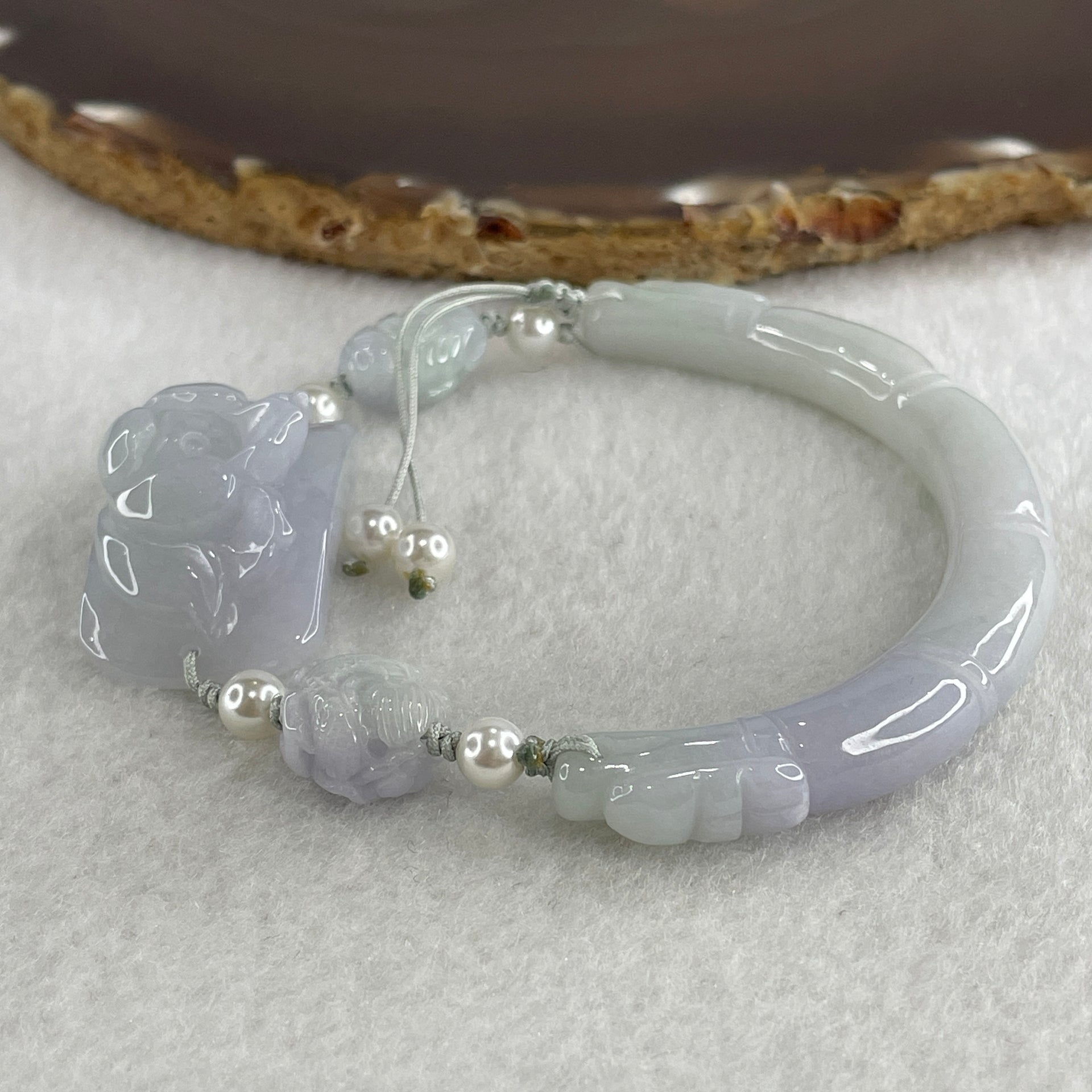Natural Type A Lavender with Faint Green Jadeite Bamboo with Lotus Flower and Dragon Bracelet 34.11g 17cm 7.9 by 8.6mm - Bamboo 33.2 by 19.1 by 11.8mm - Huangs Jadeite and Jewelry Pte Ltd