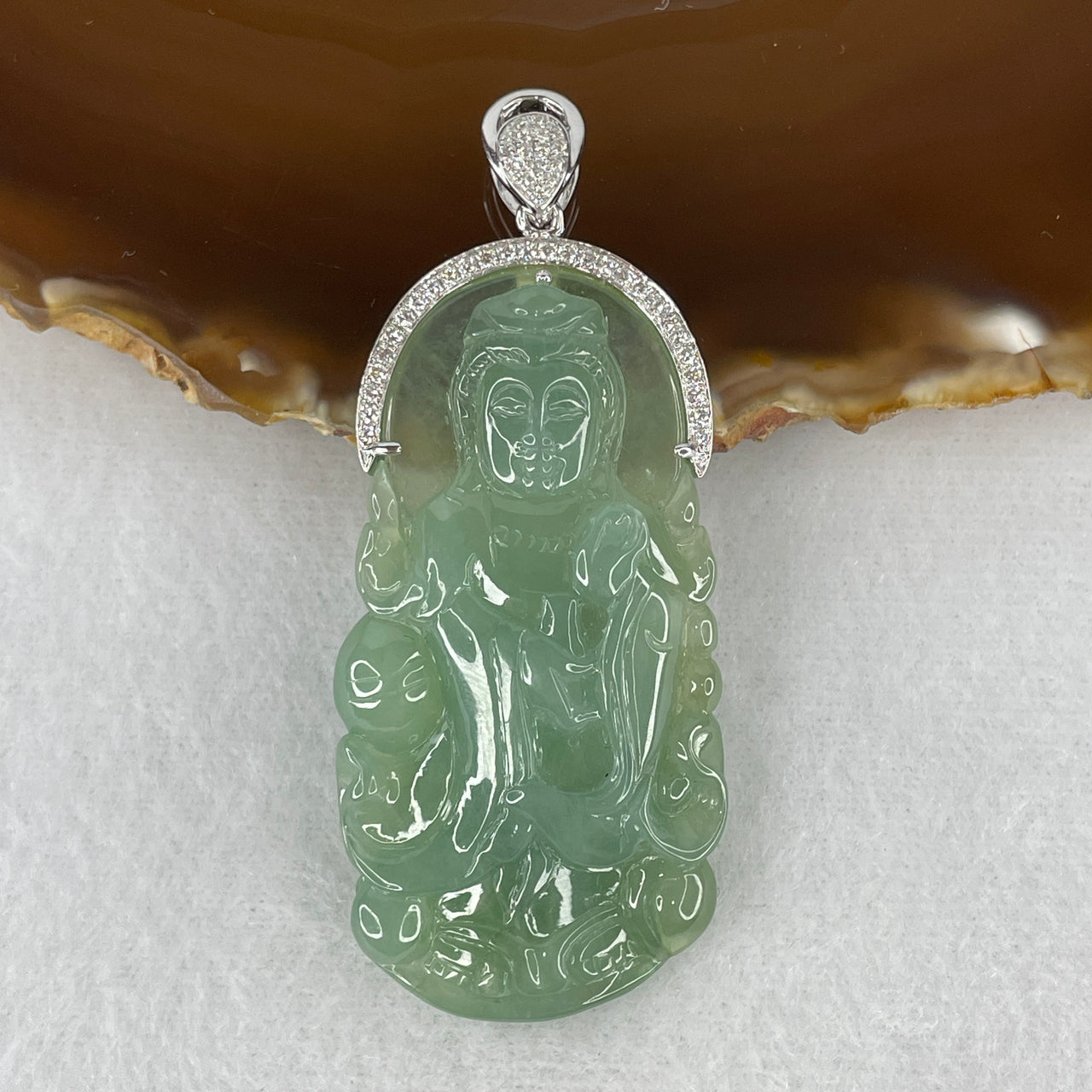 High Grade Natural Type A Semi-Icy Green Jadeite Guan Yin Pendant in 18K White Gold & 0.45ct Diamond Frame | Untreated Fei Cui Goddess of Mercy Pendant (26.22g | 55.4 x 29.1 x 9.4mm)